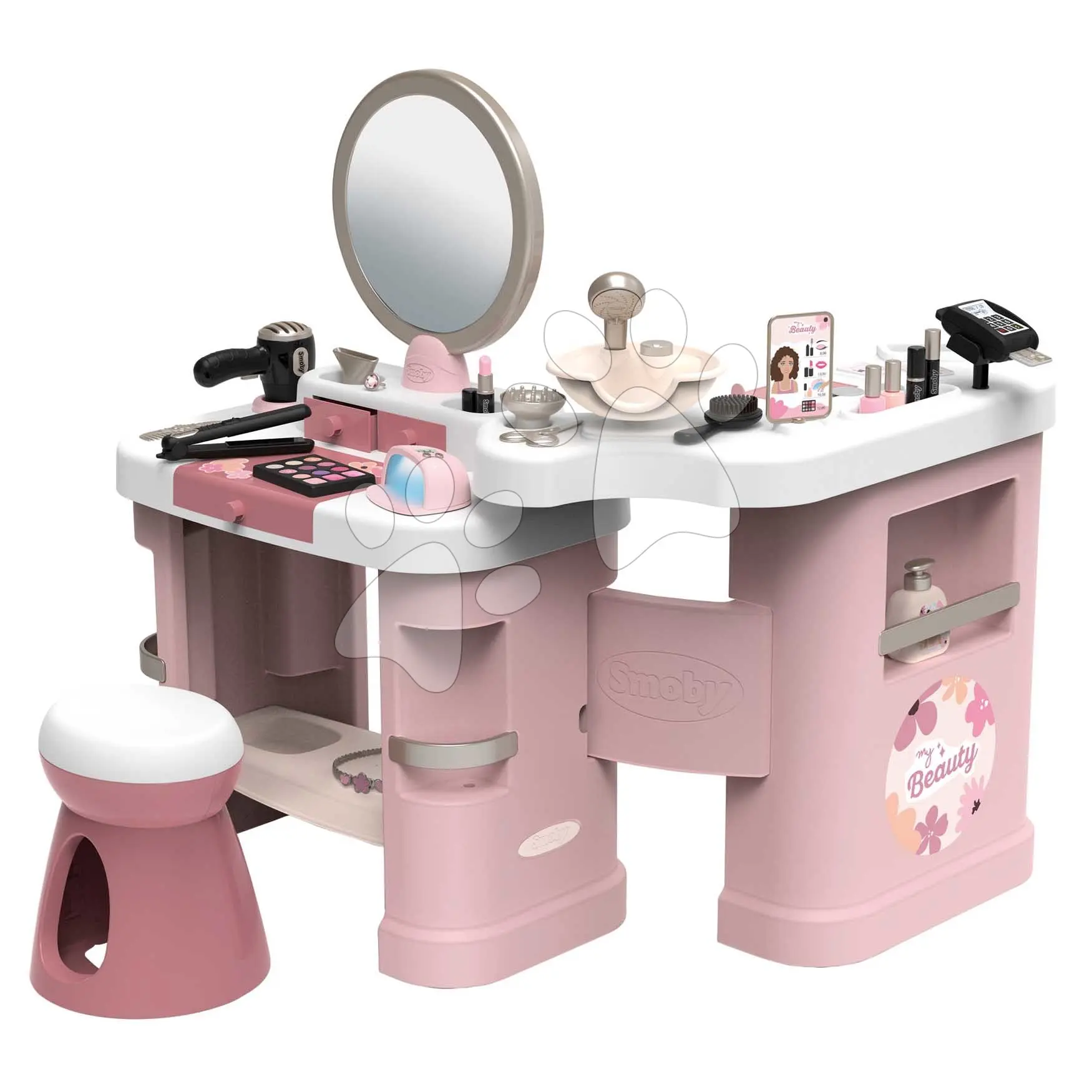 Kosmetický stolek s elektronickým fénem My Beauty Center 3v1 Smoby kadeřnictví a kosmetika s nehtovým studiem 26 doplňků