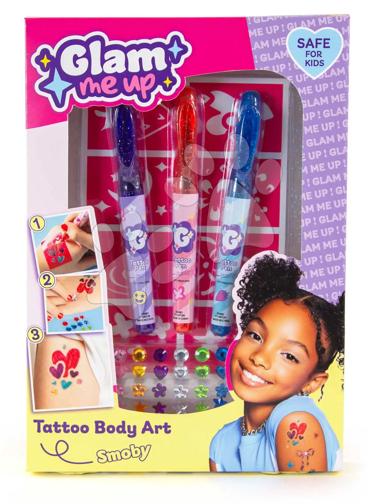 Tetovací sada s ozdobnými kamínky Glam Tattoo Body Art Smoby s 8 šablonami a fixkami na tělo od 6 let