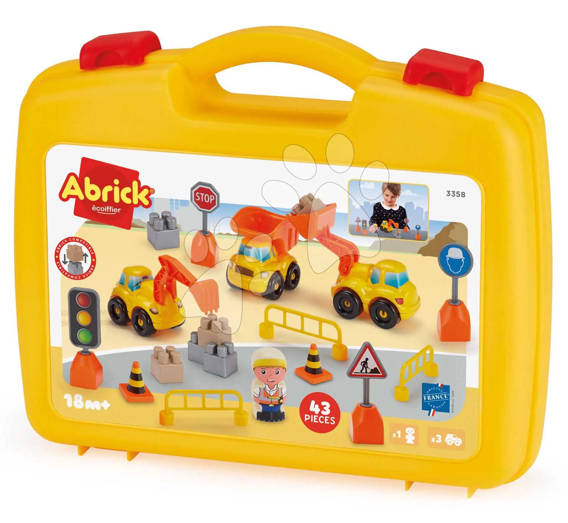 Stavebnice v kufříku pracovní stroje Public Work Suitcase Abrick Écoiffier 43 doplňků s figurkou a značkami od 18 měsíců