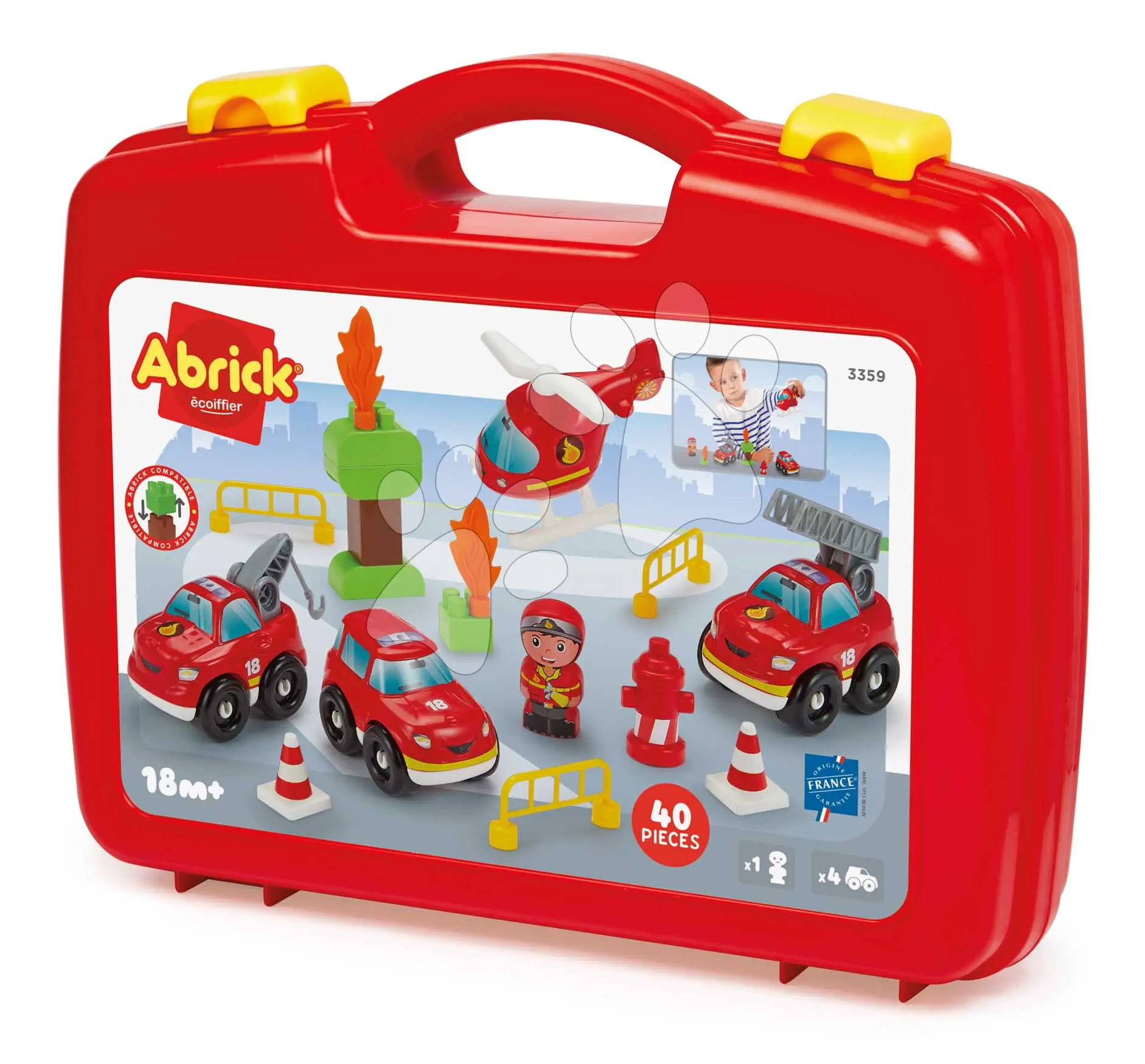 Stavebnice v kufříku Hasiči Firefighter Suitcase Abrick Écoiffier 40 doplňků s figurkou a 4 vozidly od 18 měsíců