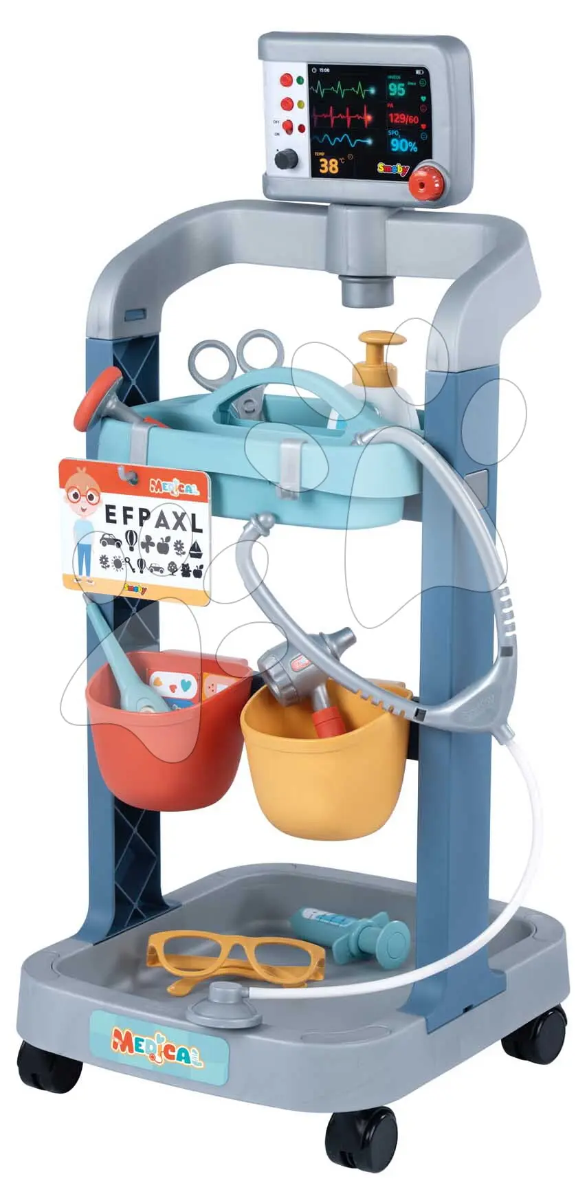 Lékařský vozík elektronický Electronic Medical Trolley Smoby se zvukem a světlem stetoskop s mechanickým teploměrem 12 doplňků
