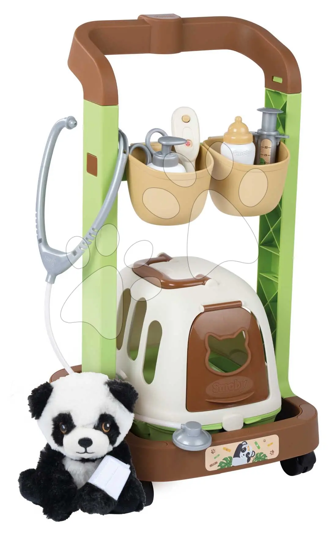 Veterinární vozík s plyšovou pandou Veterinary Trolley Smoby s přenosným boxem a stetoskopem s teploměrem 8 doplňků