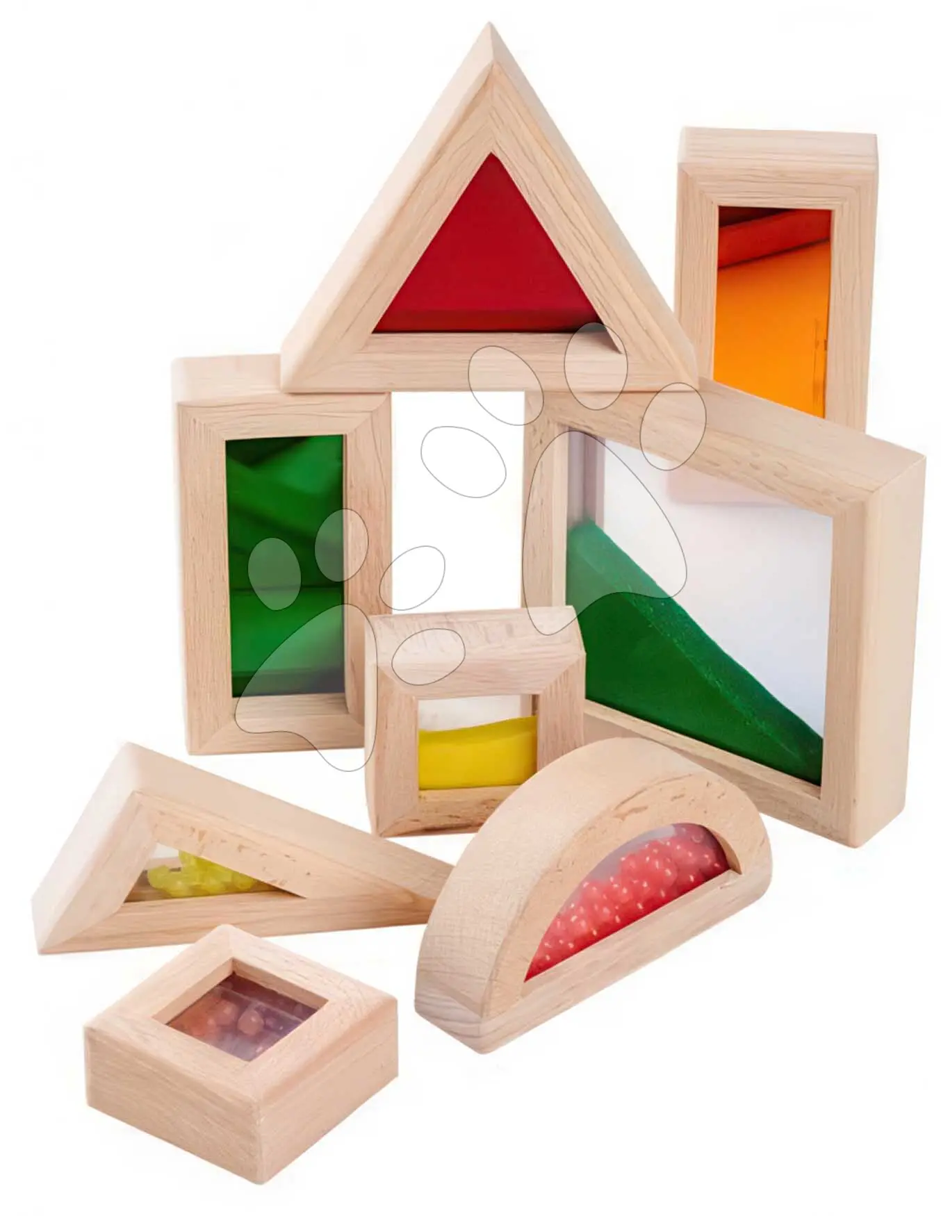 Dřevěné kostky s okénky Wooden Blocks with Windows Eichhorn s pískem, korálky a zrcadlem, 8 dílů od 12 měsíců