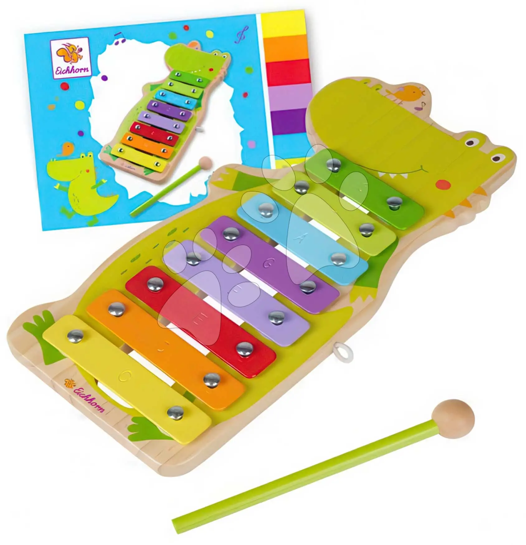 Dřevěný xylofon Music Xylophone Eichhorn s kladívkem 8 různých tónů a zpěvníkem se 4 písničkami od 24 měsíců
