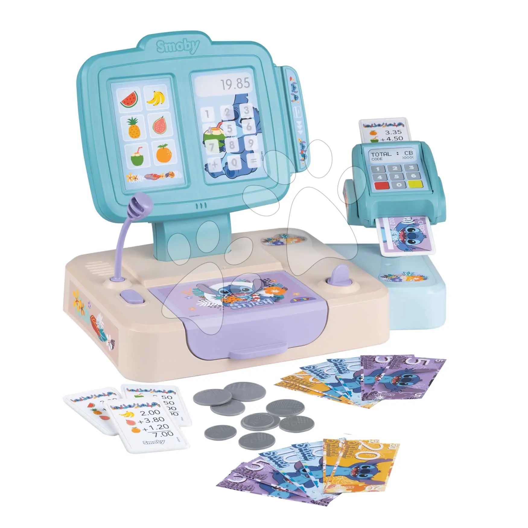 Registrační pokladna Stitch Cash Register Smoby s otevíratelnou pokladnou a platebním terminálem 26 doplňků