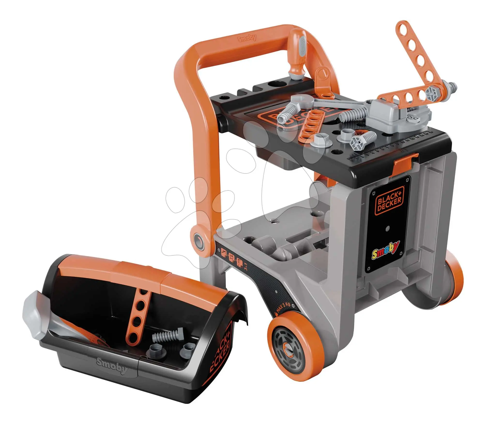 Pracovní dílna na kolečkách multifunkční Bricolo Devil Workmate 3v1 Black&Decker Smoby s kufříkem a nářadím 19 doplňků