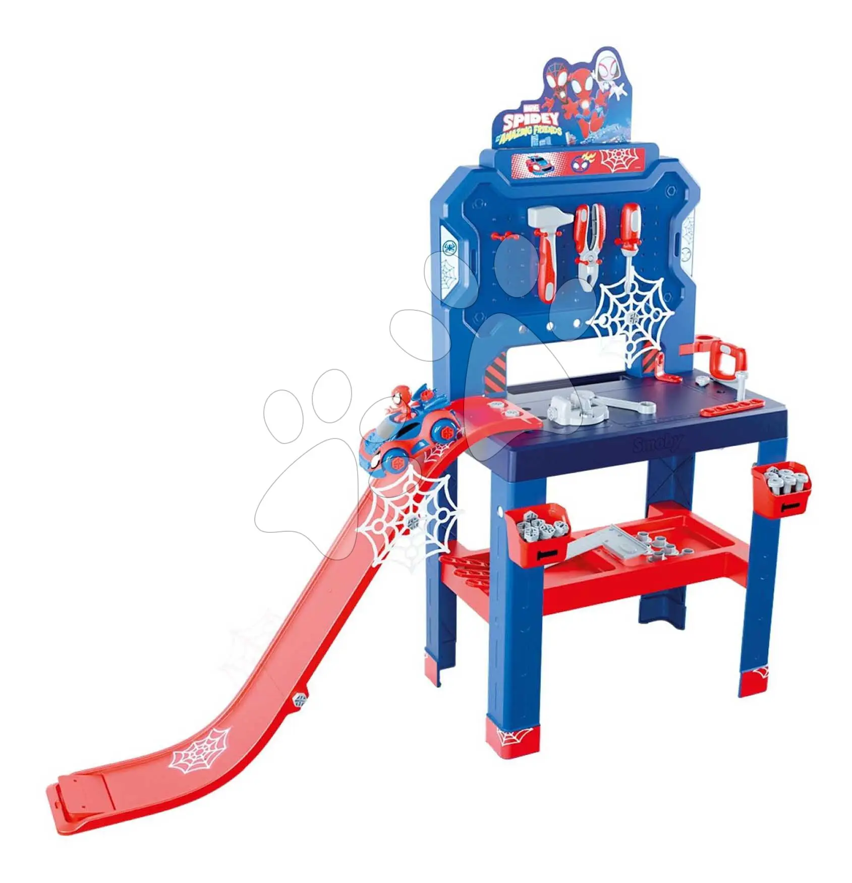 Pracovní dílna s autíčkem Spidey Bricolo Workbench Marvel Smoby se skákající rampou a nářadím 90 doplňků