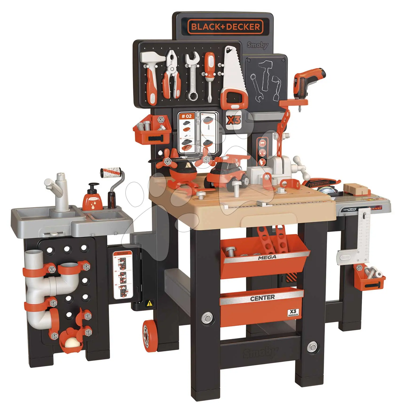 Pracovní stůl trojkřídlý na kolečkách Black&Decker Mega Center Smoby strojírenství instalatérství malování a tesařství 100 doplňků 103 cm výška