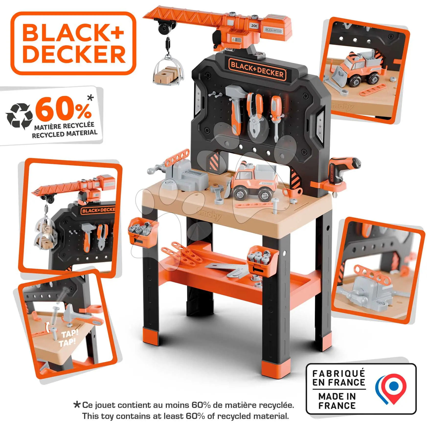 Pracovní dílna s mechanickým jeřábem Bricolo Builder Black&Decker Smoby se skládacím autíčkem a vrtačkou 87 doplňků
