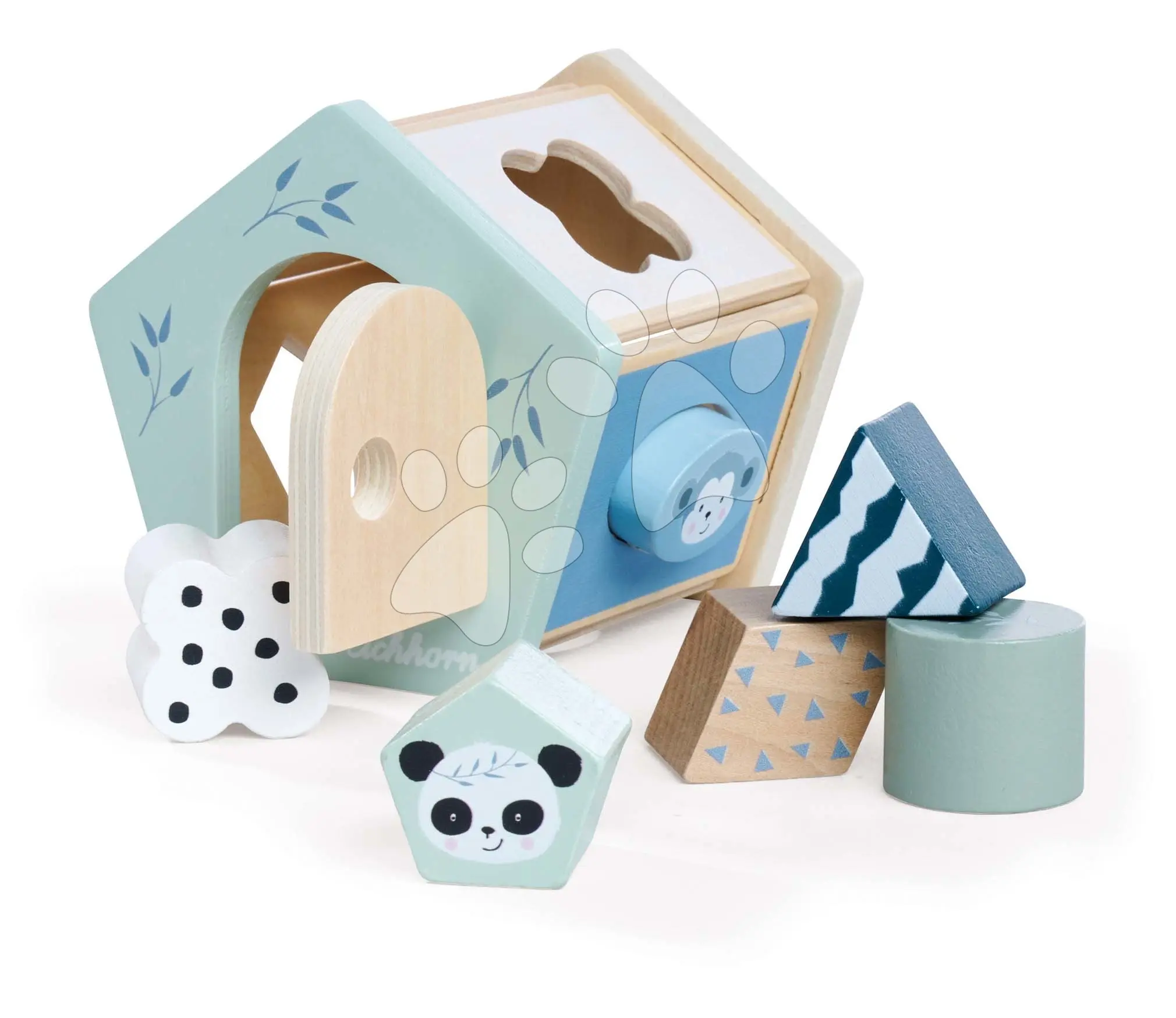 Dřevěný didaktický domeček Shape Box Panda Eichhorn se 6 vkládacími kostkami od 12 měsíců