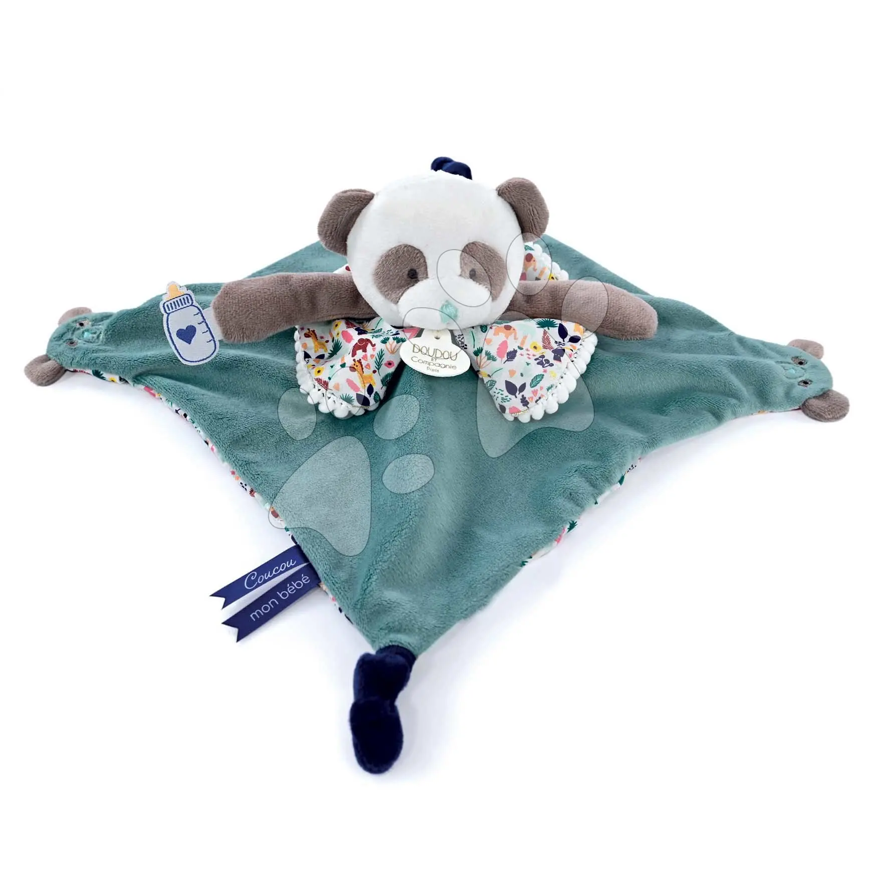 Plyšová panda na mazlení a loutkové divadlo Panda Finger Puppet Doudou et Compagnie modrá 30 cm od 0 měsíců