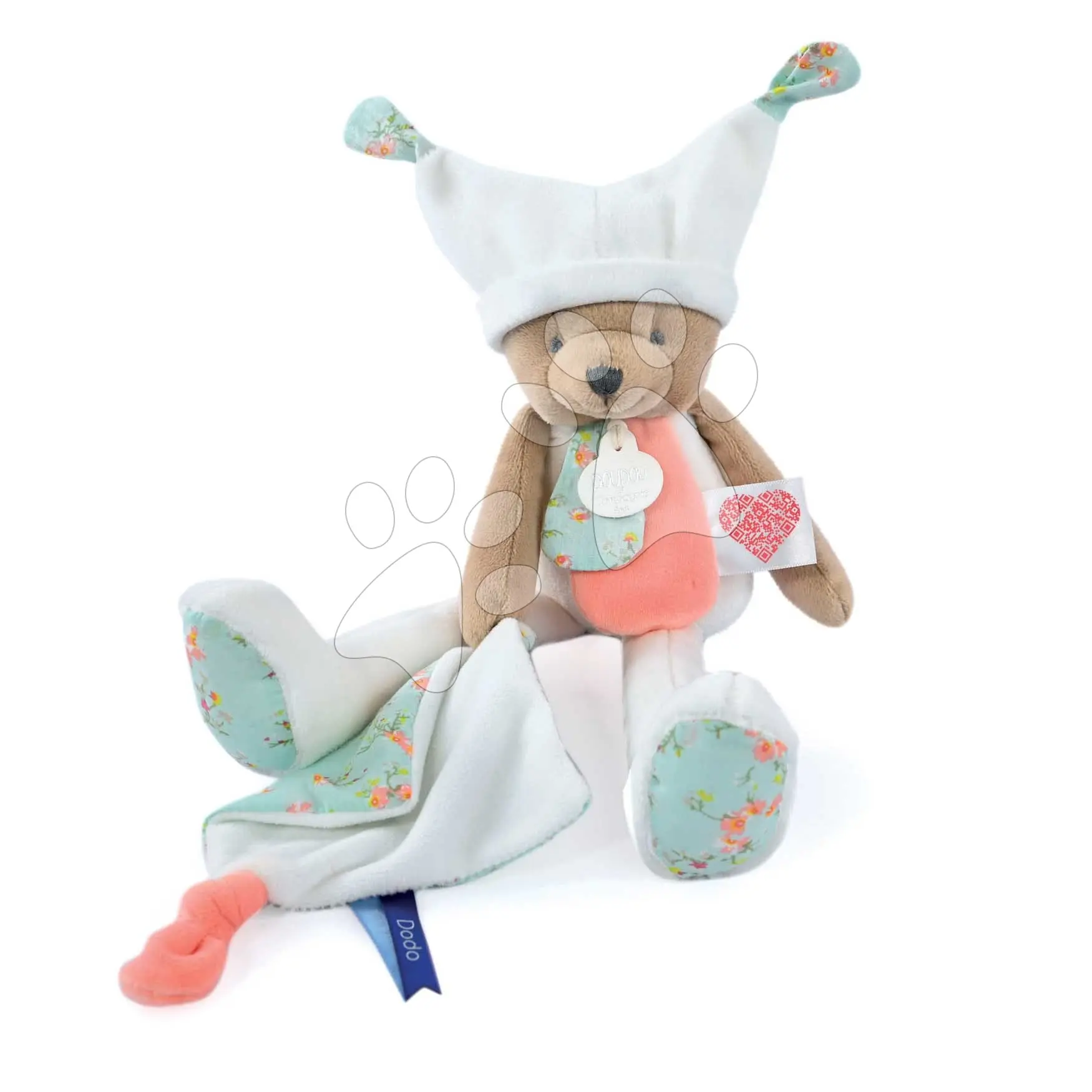 Plyšový medvídek s hadříkem Plush Bear White Doudou et Compagnie s QR kódem na pohádky bílý 35 cm od 0 měsíců