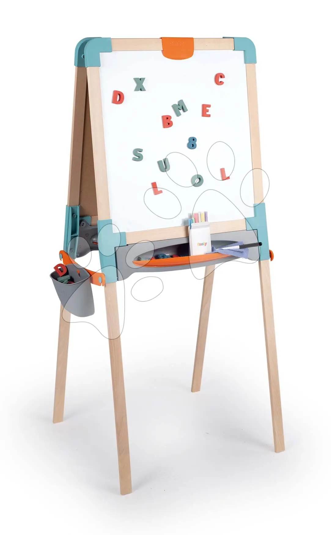 Dřevěná tabule oboustranná Wooden Board Smoby magnetická/na křídu výškově nastavitelná skládací s 80 doplňky
