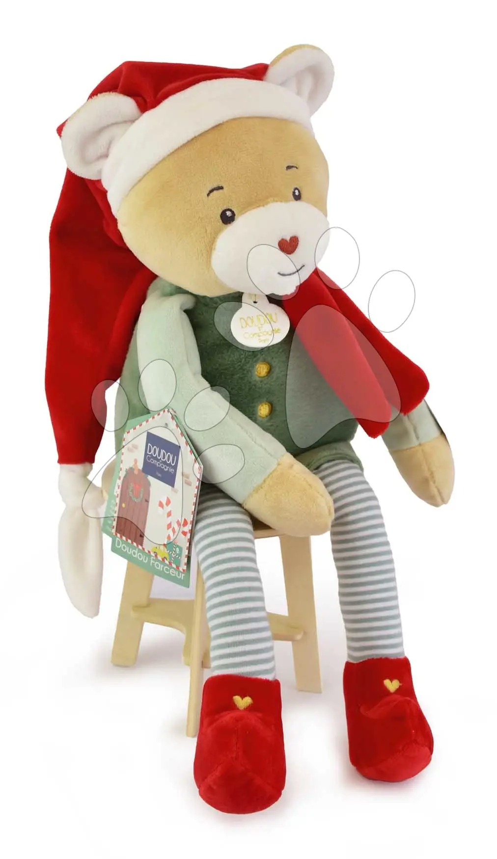Plyšový elf medvídek Party Favor Doudou Farceur Doudou et Compagnie 27 cm s domečkem od 0 měsíců
