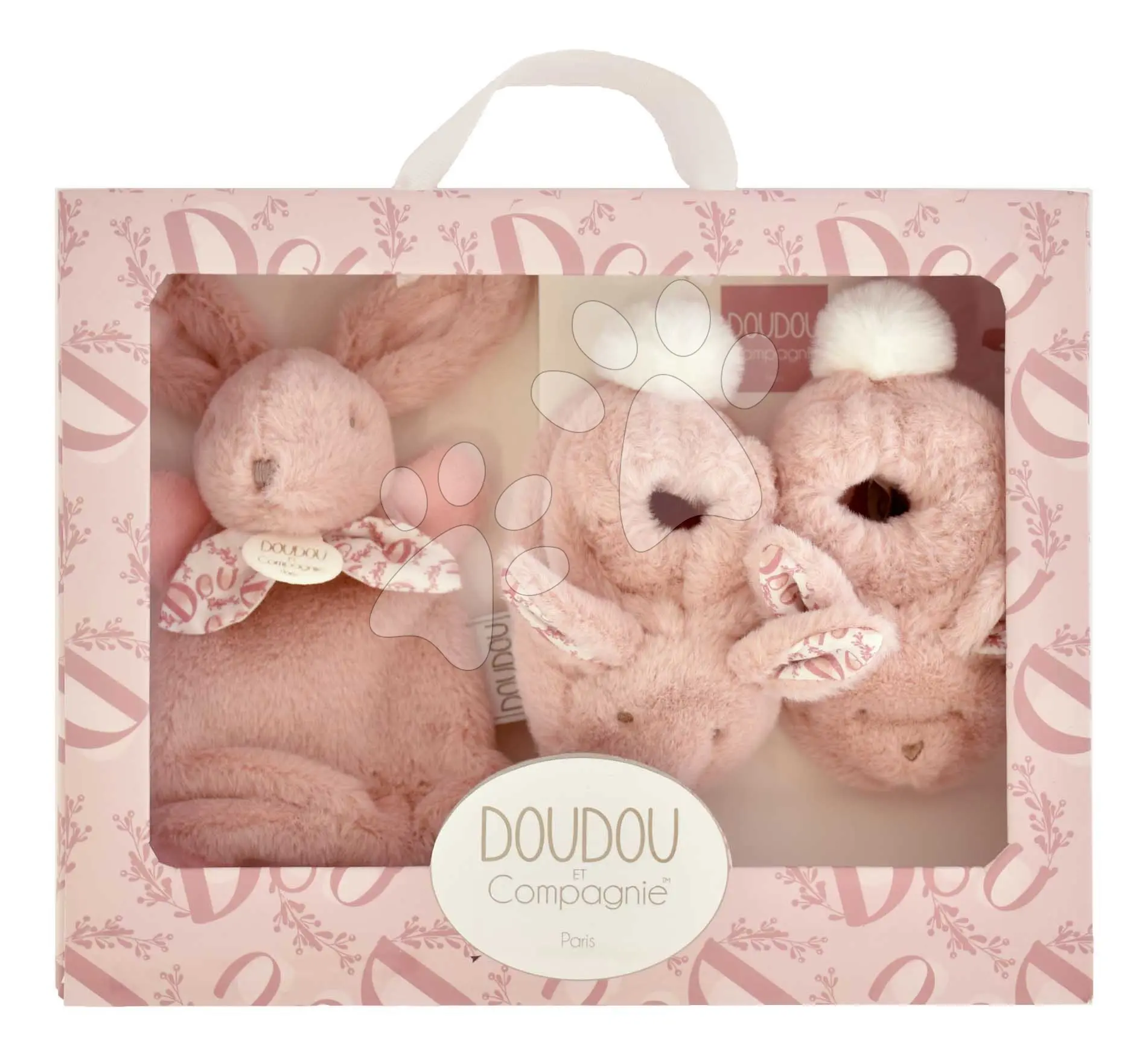 Dárková sada pro miminko Slipper Gift Set Pink Lapin Doudou et Compagnie bačkůrky a zajíček na mazlení růžová 15 cm v dárkovém balení od 0 měsíců
