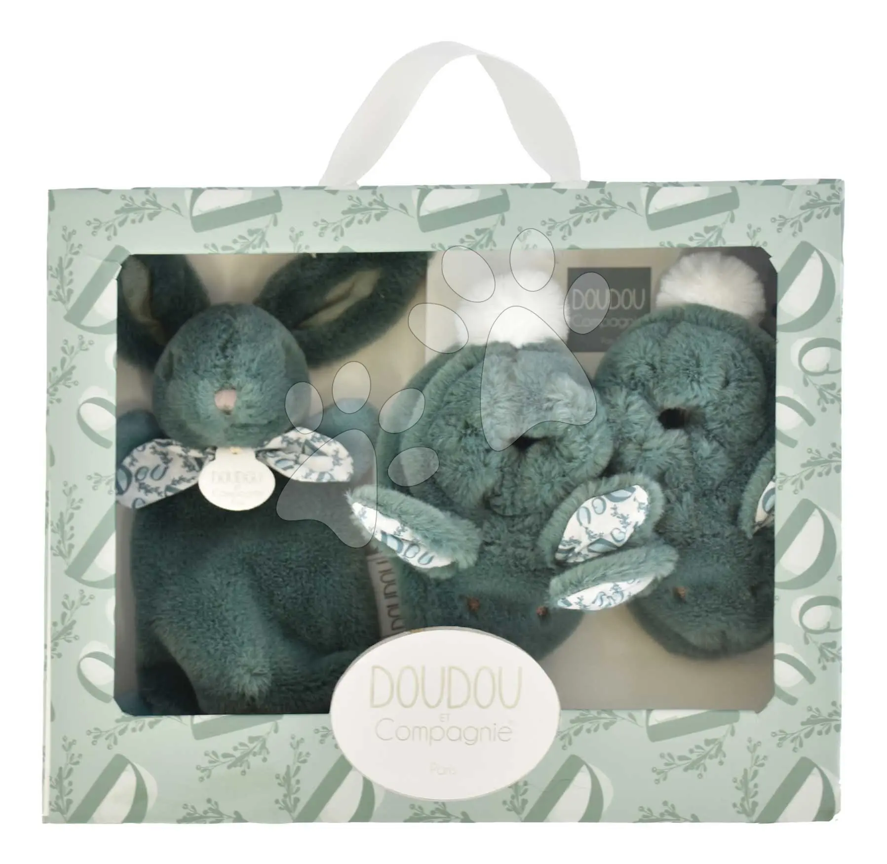 Dárková sada pro miminko Slipper Gift Set Sage Green Lapin Doudou et Compagnie bačkůrky a zajíček na mazlení zelená 15 cm v dárkovém balení od 0 měsíců