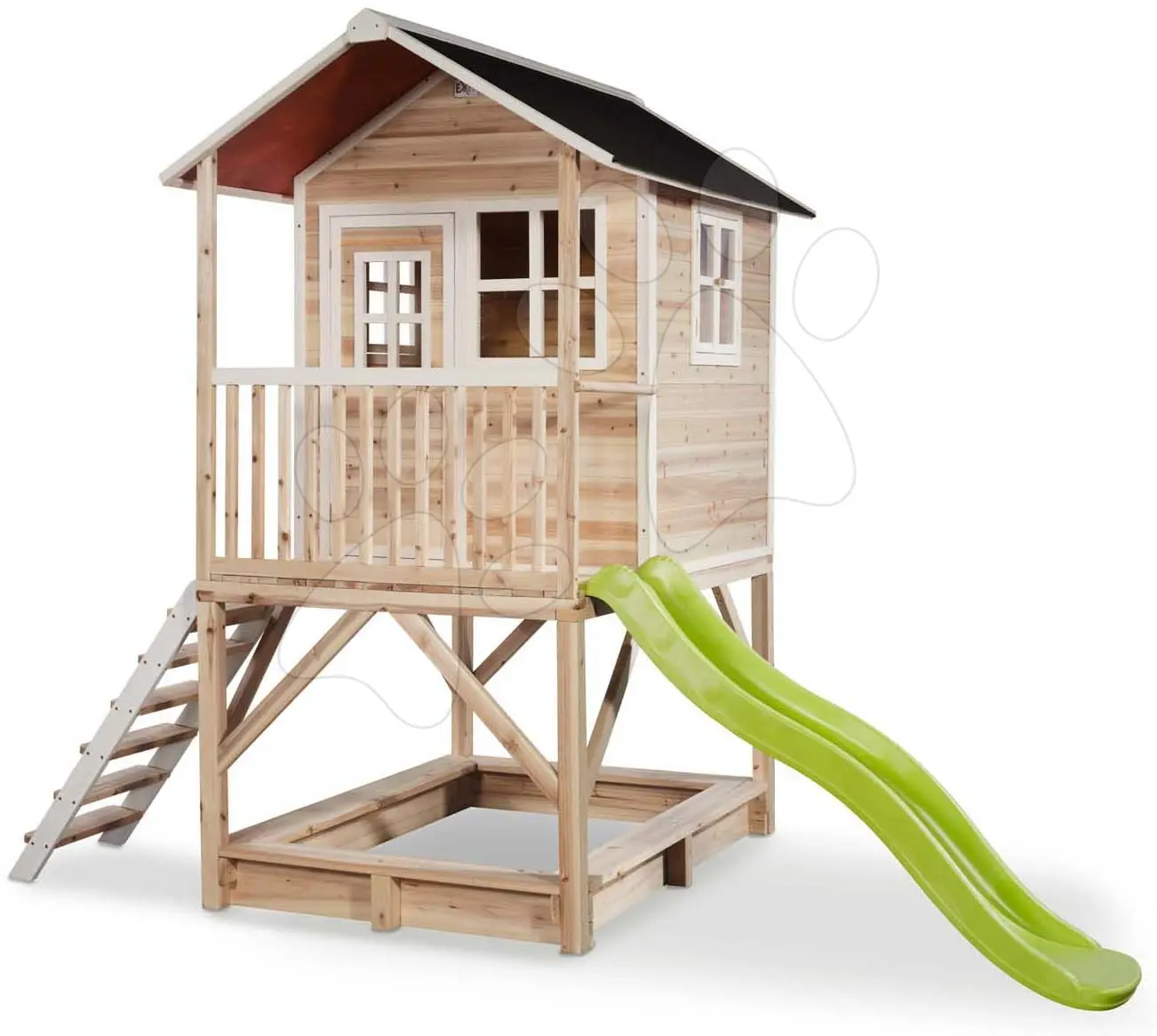 Domeček cedrový na pilířích Loft 500 Natural Exit Toys s voděodolnou střechou pískovištěm a skluzavkou 1,75 m přírodní