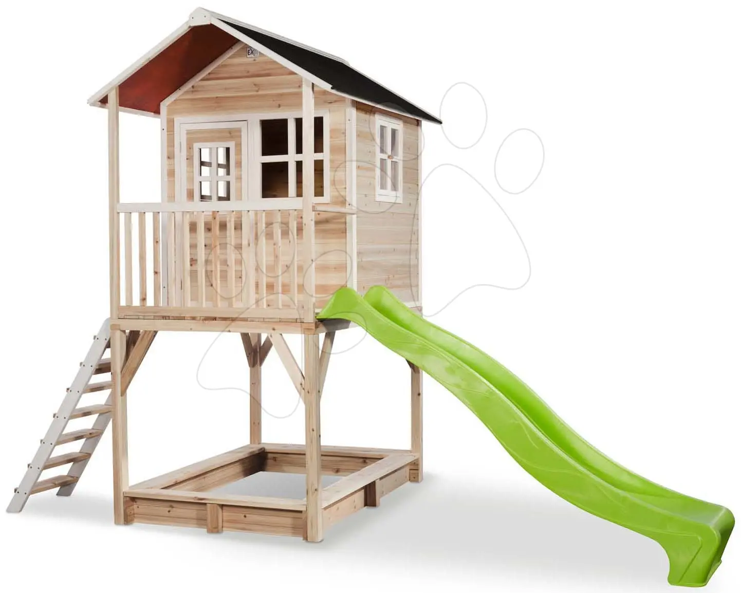 Domeček cedrový na pilířích Loft 700 Natural Exit Toys s voděodolnou střechou pískovištěm a skluzavkou 2,28 m přírodní