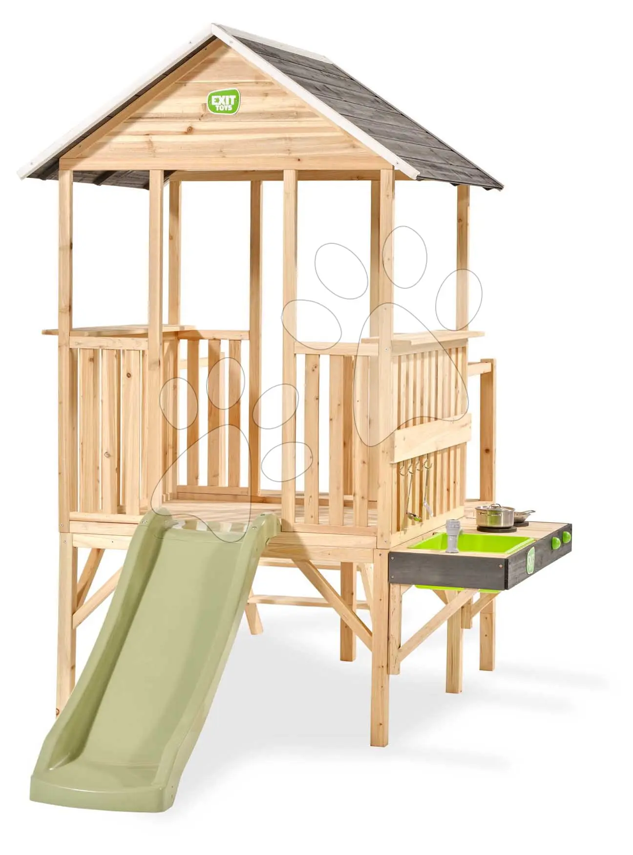 Panoramatický domeček na pilířích Panorama 350 Wodden Playhouse Exit Toys cypřišový se skluzavkou a kuchyňkou