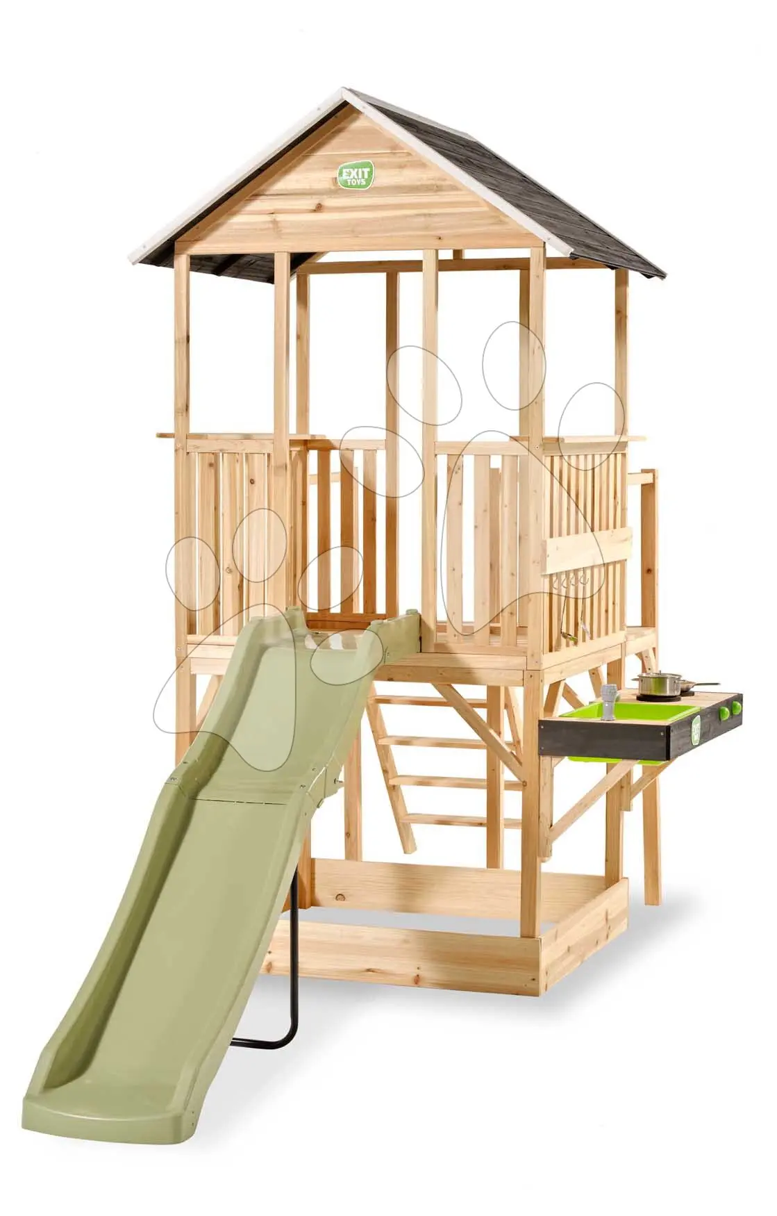 Panoramatický domeček na pilířích Panorama 550 Wooden Playhouse Exit Toys s pískovištěm, skluzavkou a kuchyňkou