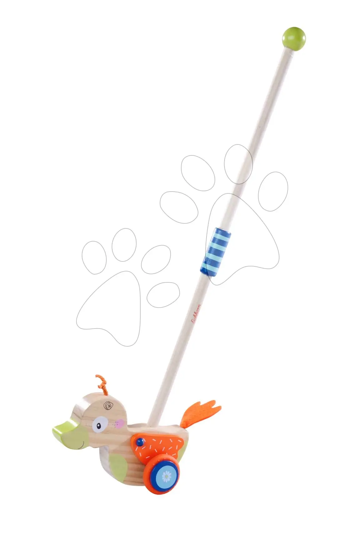 Dřevěné autíčko kachnička Duck Push Vehicle Eichhorn s vodicí rukojetí délka 45 cm od 12 měsíců
