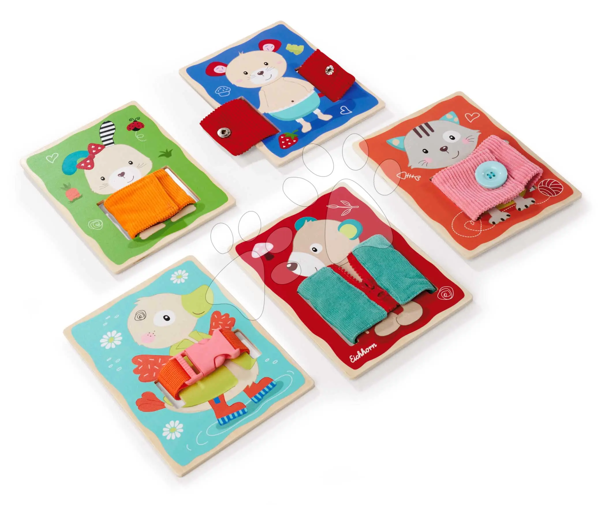 Dřevěná hra Obleč zvířátka Dressboard Fabric Eichhorn 5 zvířátek s různými typy zapínání pro rozvoj jemné motoriky