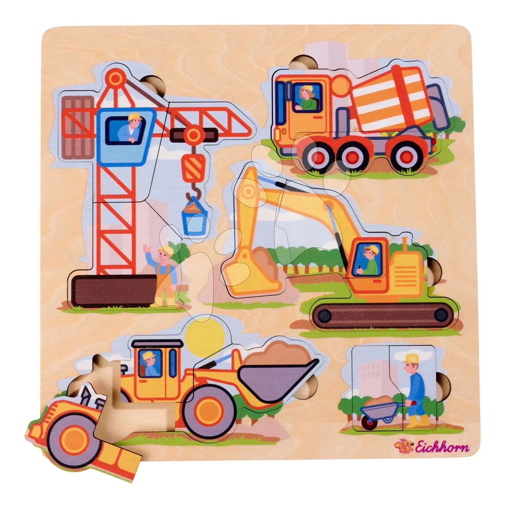Dřevěné vkládací puzzle Stavební stroje Construction Vehicles Eichhorn 12 dílků se základnou od 24 měsíců