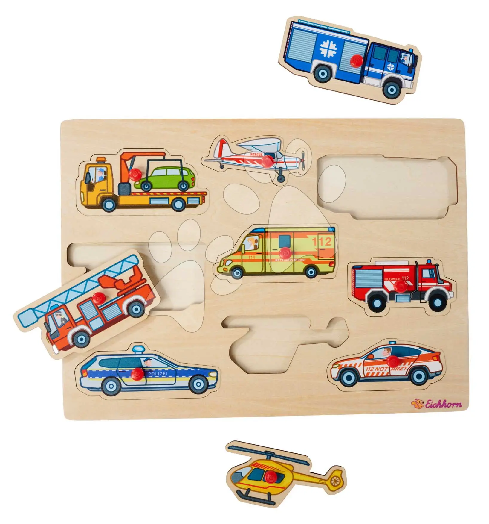 Dřevěné vkládací puzzle Záchranná vozidla Emergency Vehicles Eichhorn 9 dílků se základnou od 12 měsíců