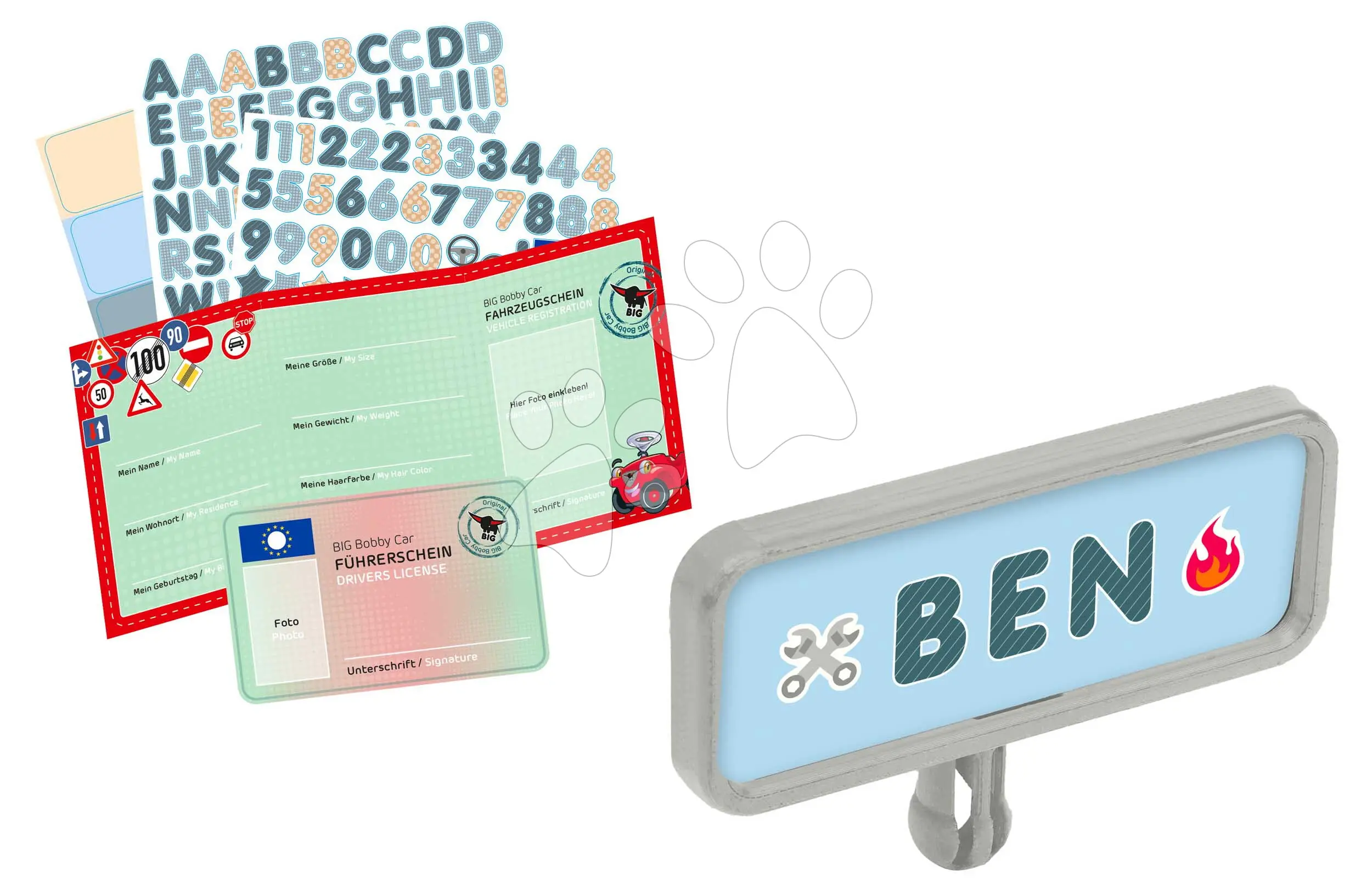 Značka s menom a řidičský průkaz Bobby Car My Own Plate BIG s osvědčením o registraci a nálepkami od 12 měsíců