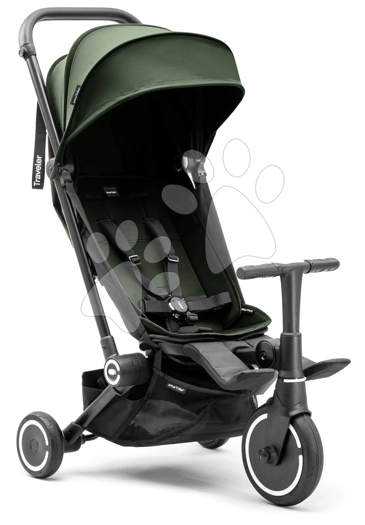 Tříkolka a kočárek cestovní Traveler Olive 4v1 smarTrike se sedadlem s polohováním až do 160° a sluneční clonou rozšiřitelná od 6 měsíců