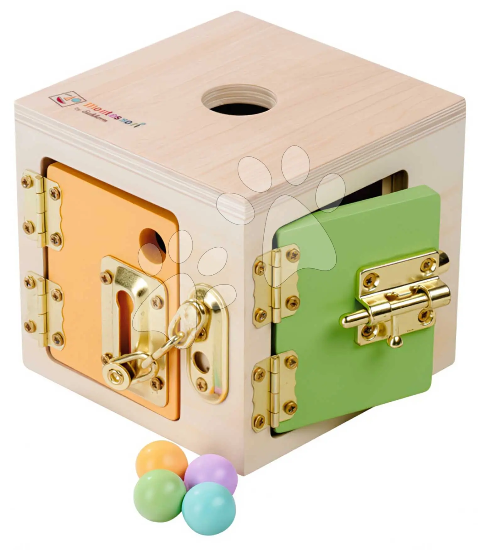 Dřevěná kostka se zámky Montessori Lock Cube Eichhorn 4 různé uzavírací mechanismy