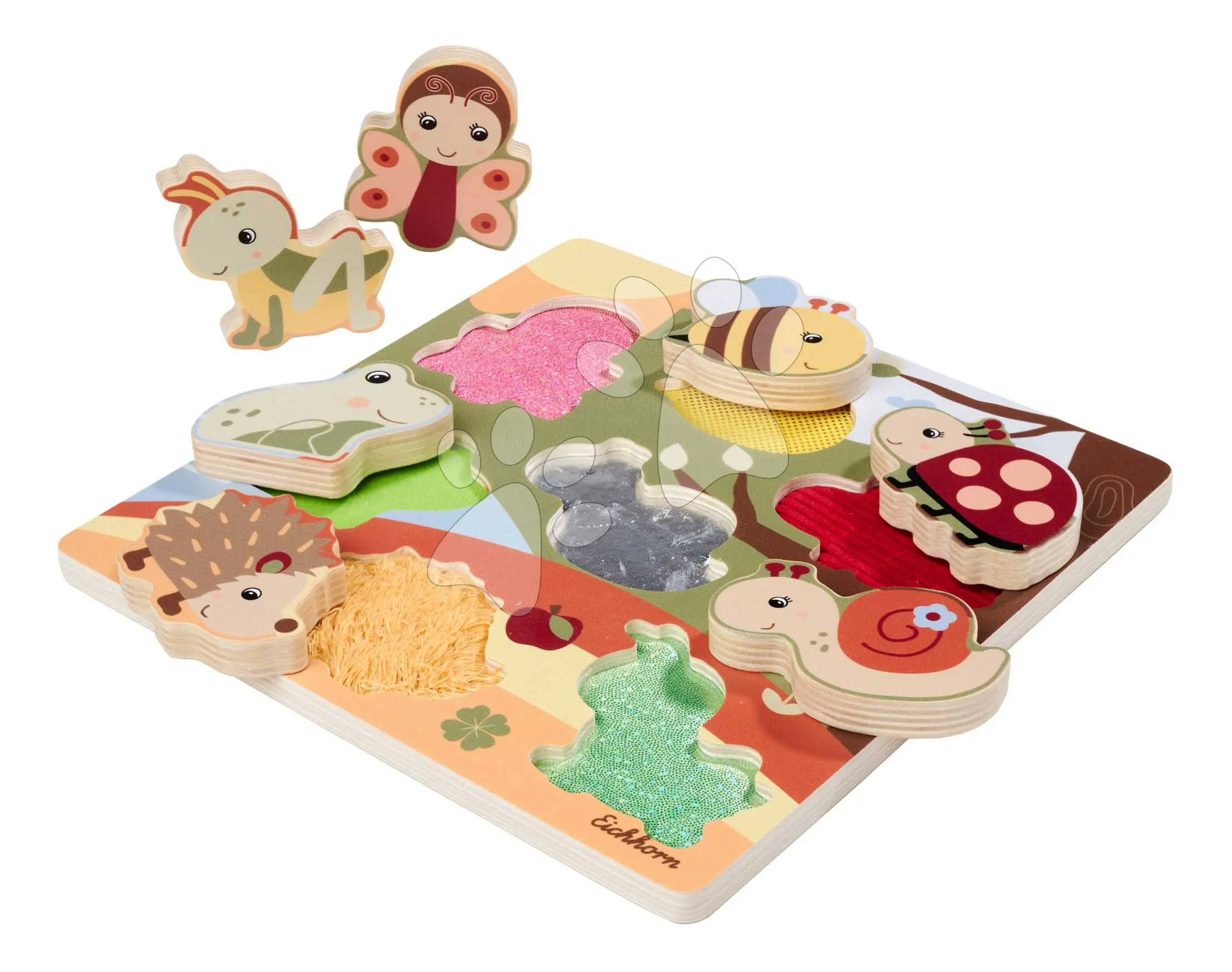 Dřevěné puzzle s textilní strukturou Zvířátka Feel Puzzle with Fabric Eichhorn 7 vkládacích kostek se zvířátky od 12 měsíců