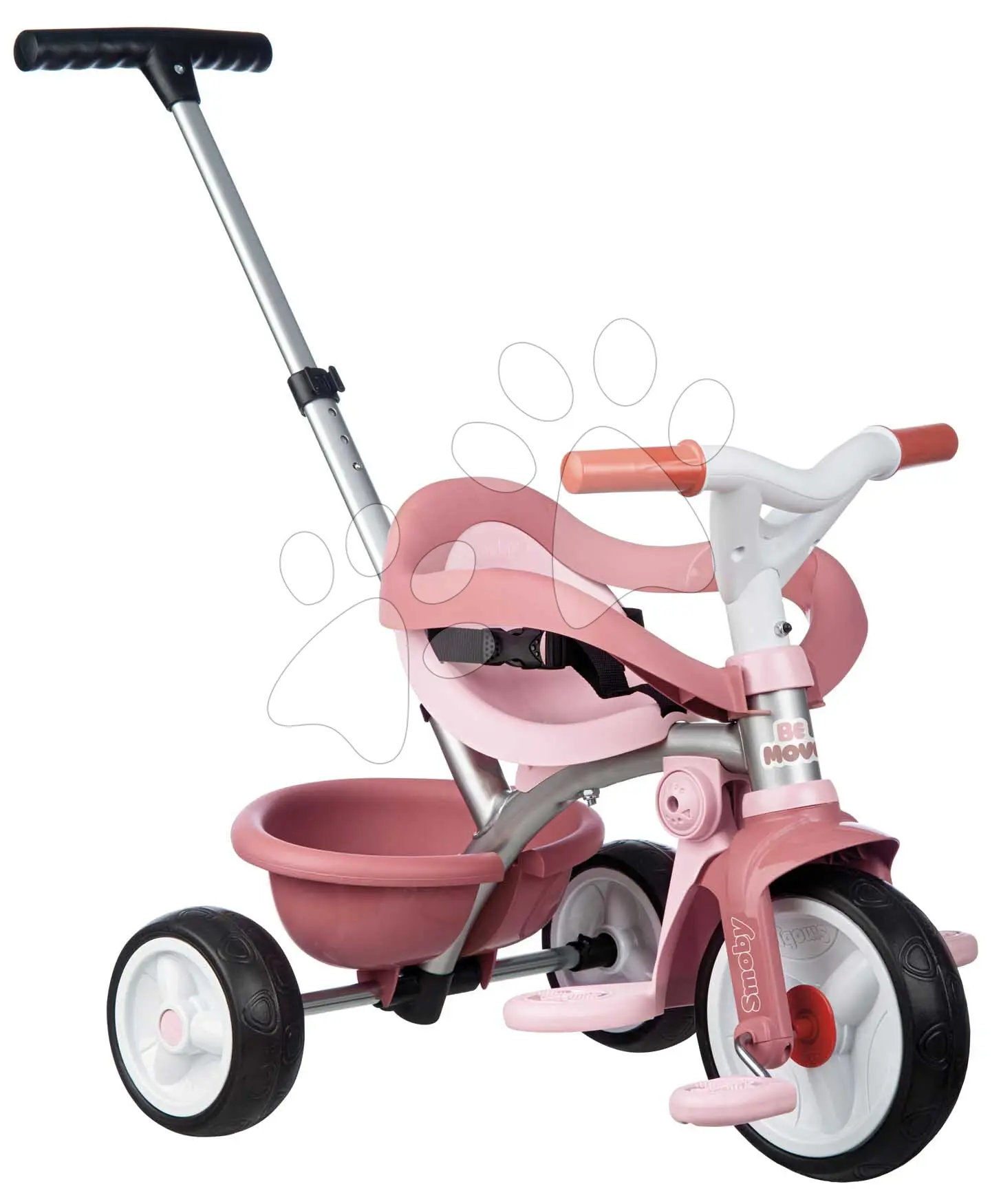Tříkolka s opěrkou a volnoběhem Be Move Comfort Pink Tricycle Smoby s nastavitelnou vodicí tyčí a tichými EVA koly od 10 měs