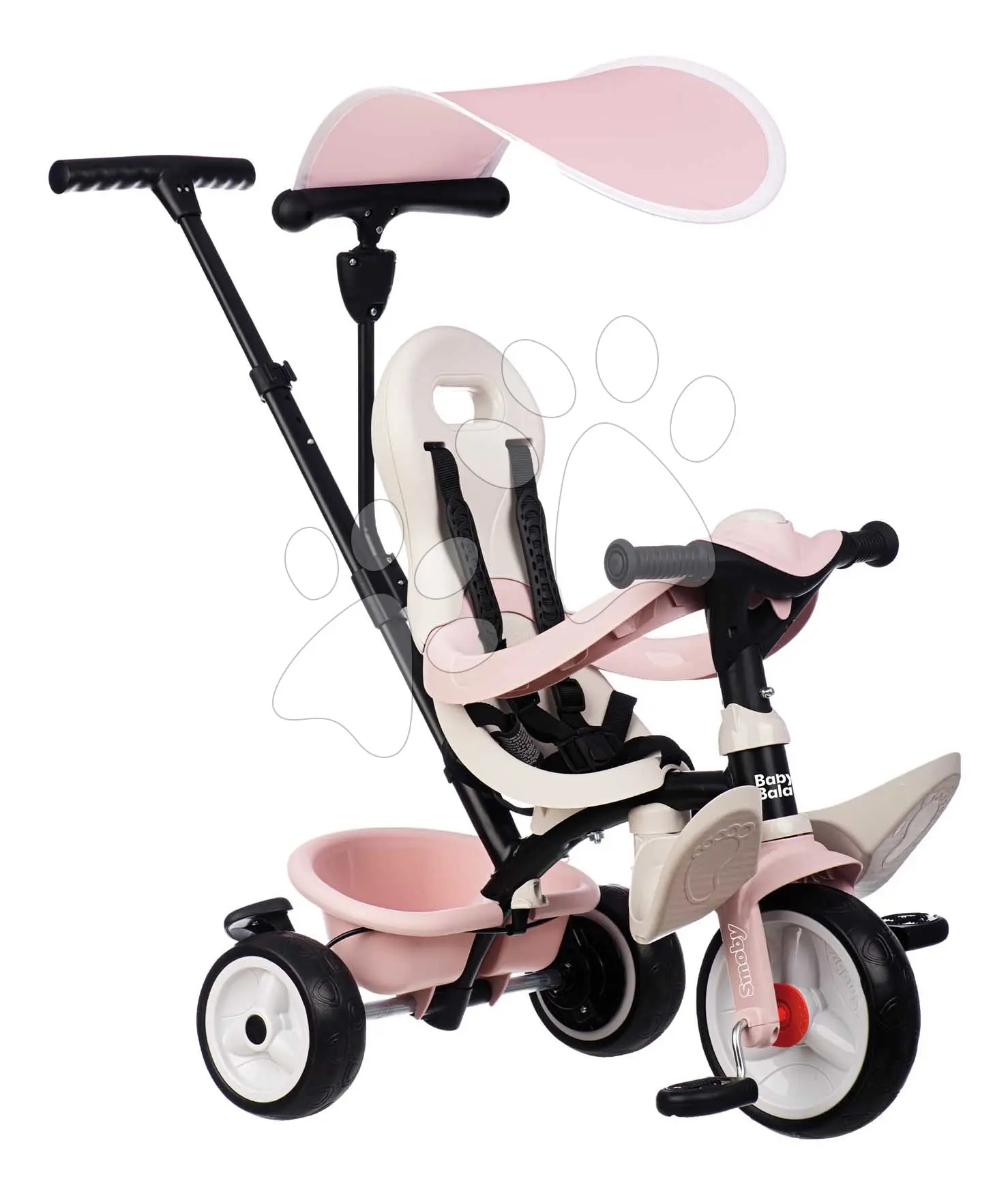 Tříkolka a kočárek v jednom s vysokou opěrkou Baby Balade Tricycle Pink Smoby se slunečníkem brzdou a tichými EVA kolečky růžová od 10 měsíců