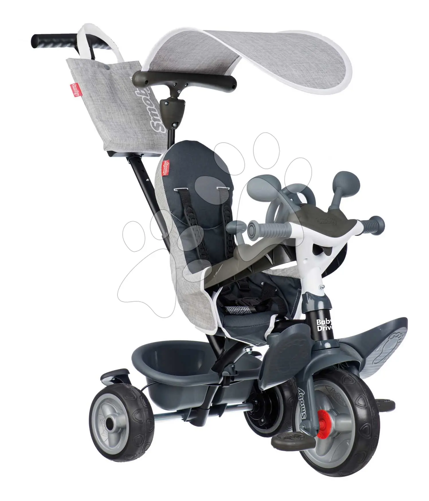 Tříkolka a kočárek v jednom s brzdou Baby Driver Grey Tricycle Smoby s intuitivním ovládáním a tichými EVA kolečky šedá od 10 měsíců