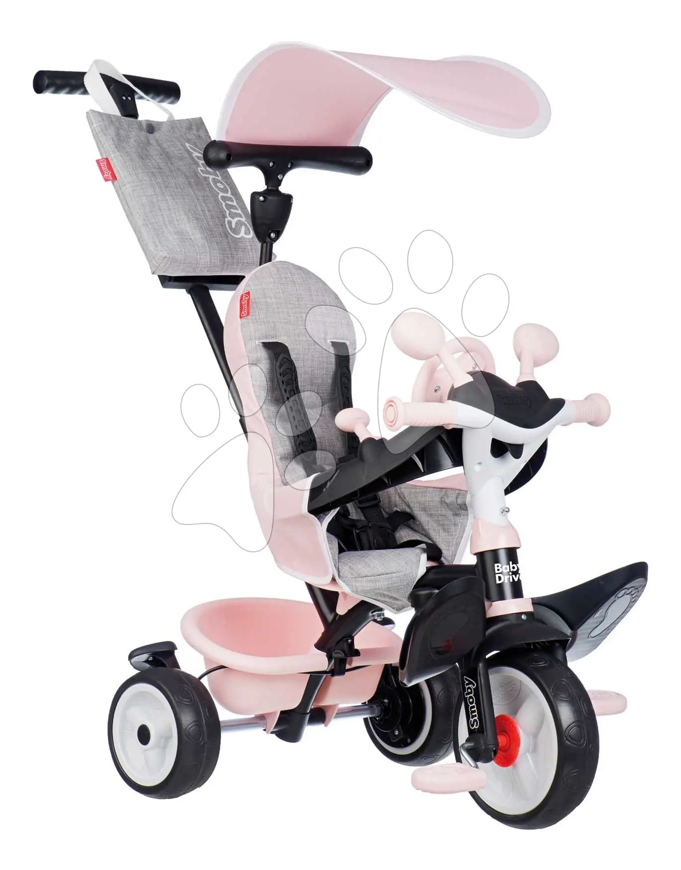 Tříkolka a kočárek v jednom s brzdou Baby Driver Pink Tricycle Smoby s intuitivním ovládáním a tichými EVA kolečky růžová od 10 měsíců