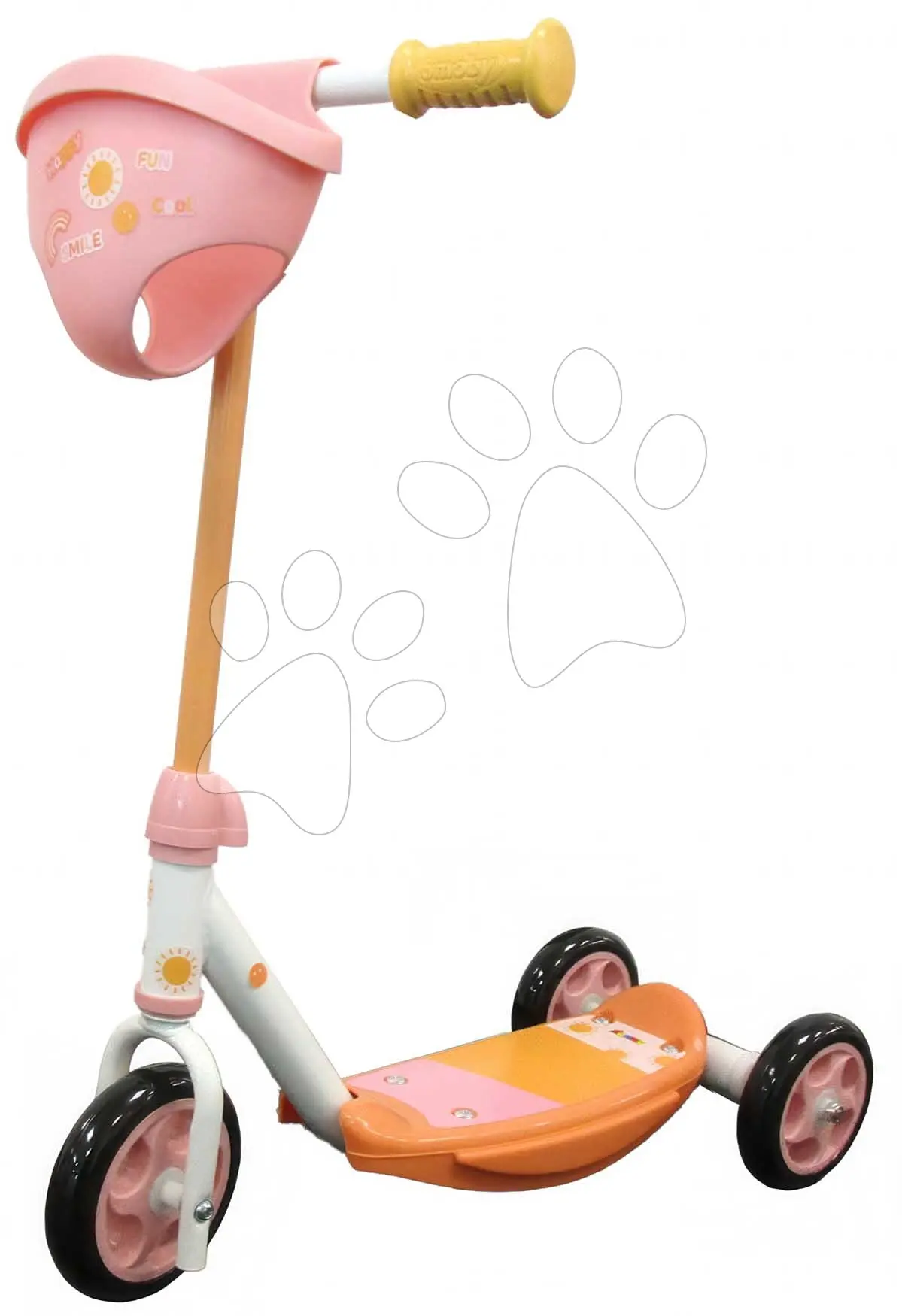 Koloběžka tříkolová s košíkem pro panenku 3 Wheels Scooter Smoby s kovovou konstrukcí protiskluzová a výškově nastavitelnými řídítky