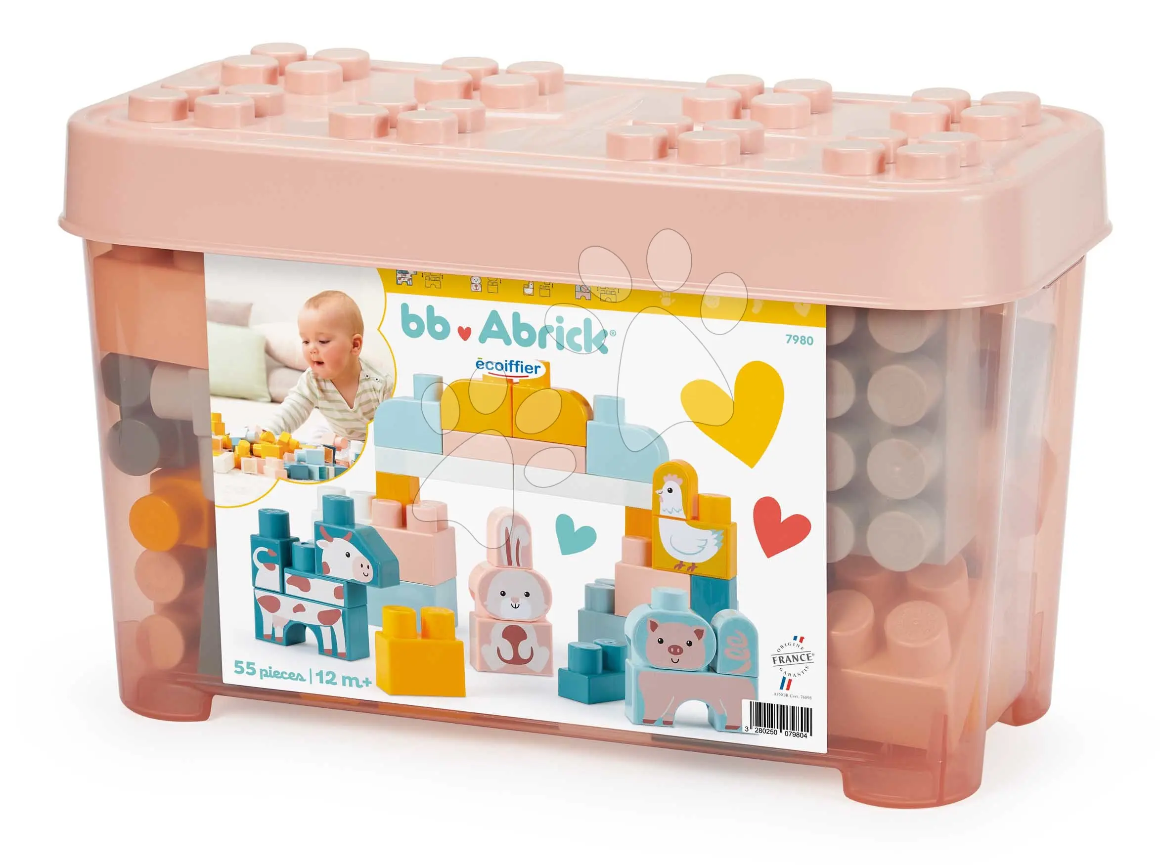 Stavebnice se zvířátky BB Abrick Écoiffier 55 kostek v růžové dóze od 12 měsíců