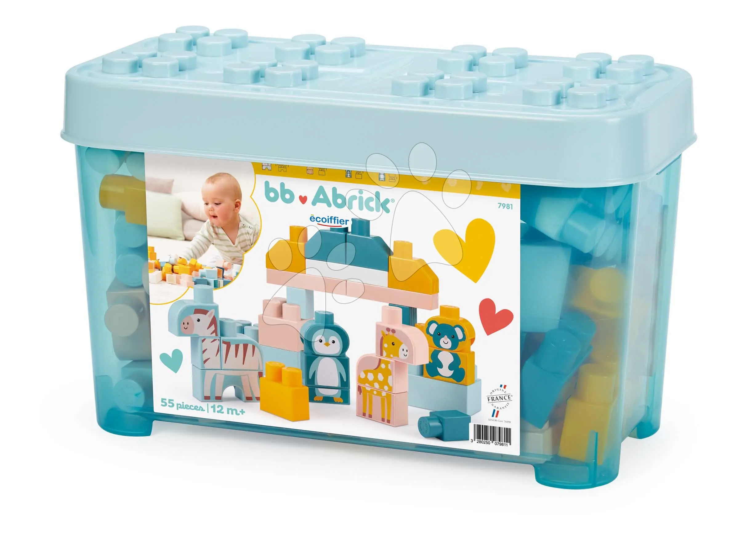 Stavebnice se zvířátky BB Abrick Écoiffier 55 kostek v modré dóze od 12 měsíců