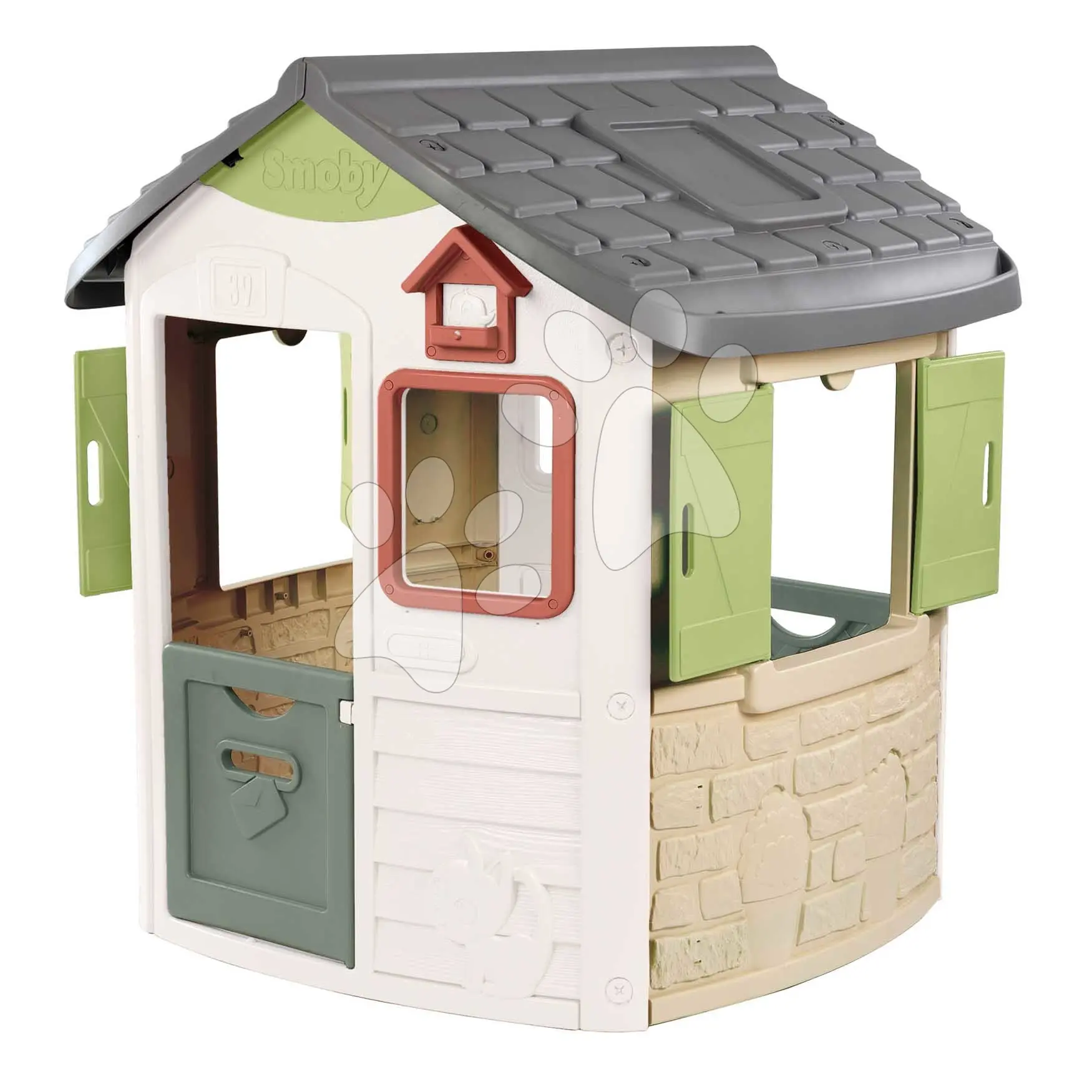 Domeček Life Jura Lodge Playhouse Life Smoby rozšiřitelný 2 dveře a 2 okna s okenicemi a krmítkem pro ptáčky s UV filtrem od 24 měsíců