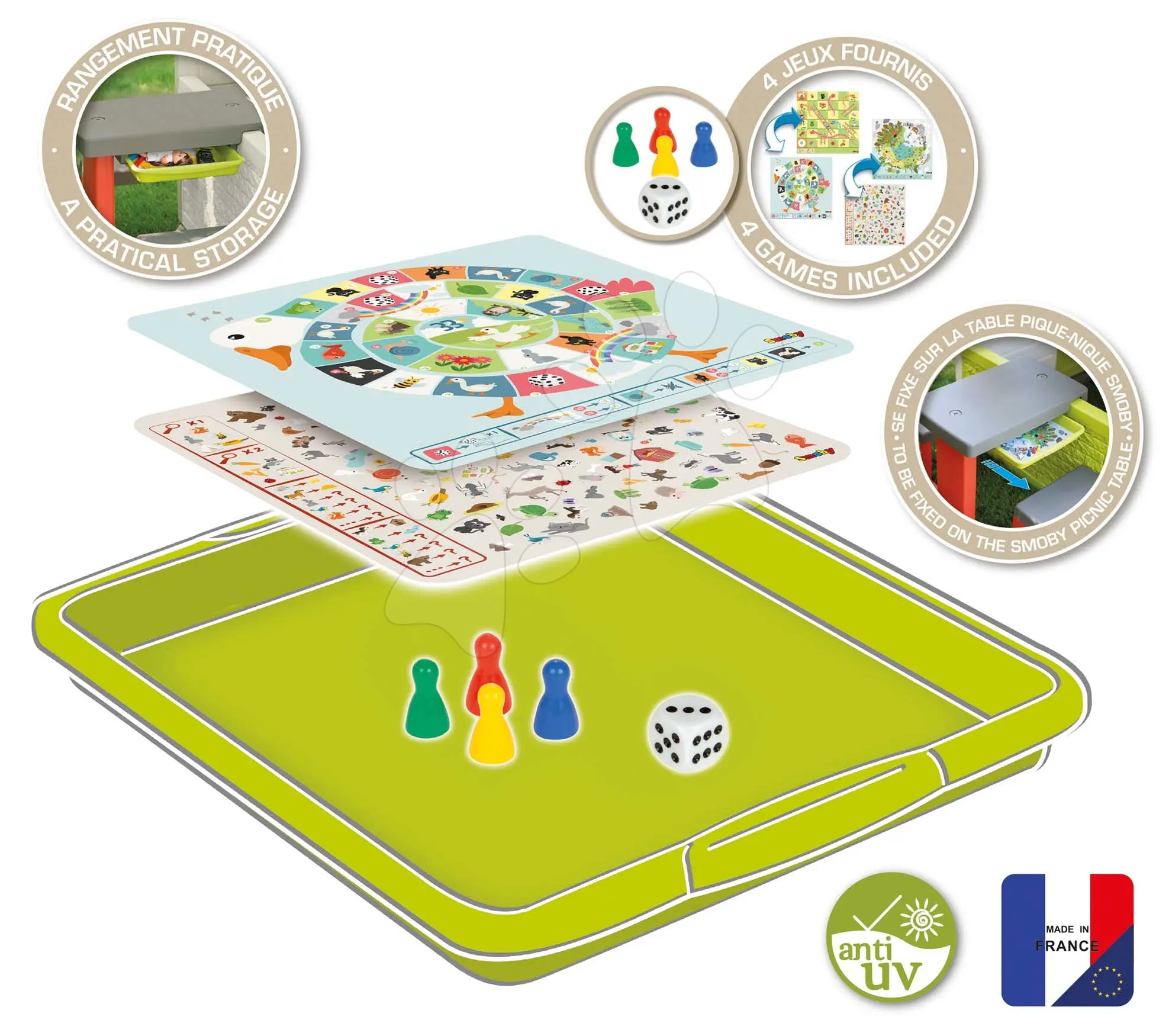 Sada 4 společenských her k piknikovému stolu Games Drawer Set Smoby umístěné v přihrádce od 3–6 let