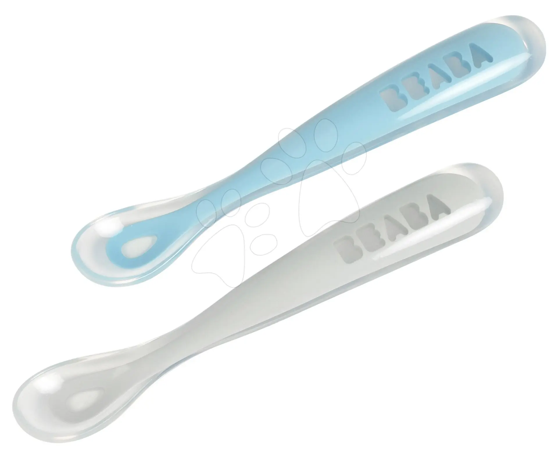 První tréninkové lžičky First Age Silicone Spoons Pebble Cloud Blue Duo Beaba ze silikonu pro samostatné jídlo v praktickém obalu 2 kusy modro-bílé od 4 měsíců