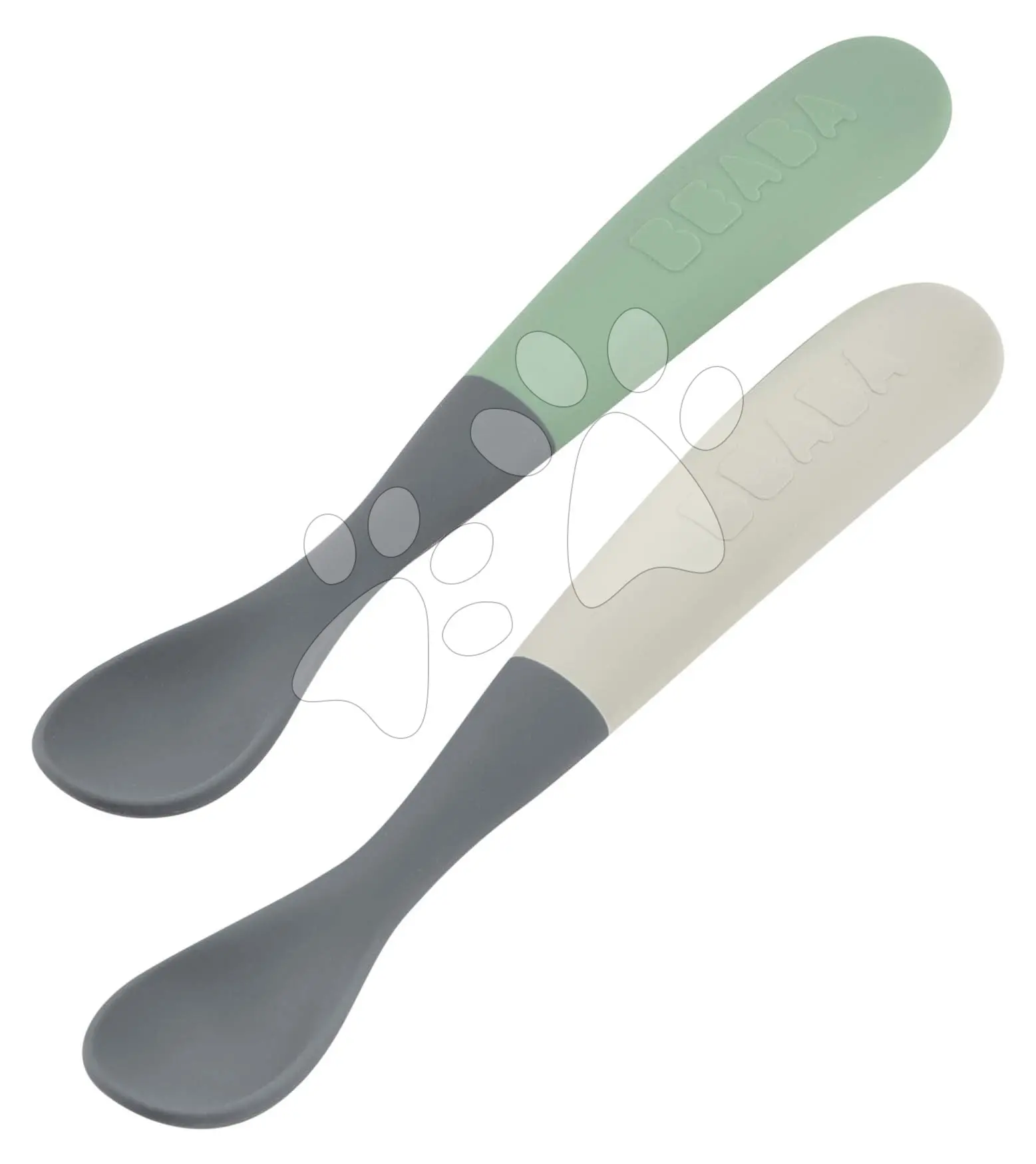 Ergonomické lžičky 1st Age Silicone Spoons Beaba Mineral Grey Sage Green ze silikonu pro samostatné jedení v boxu 2 kusy od 4 měs