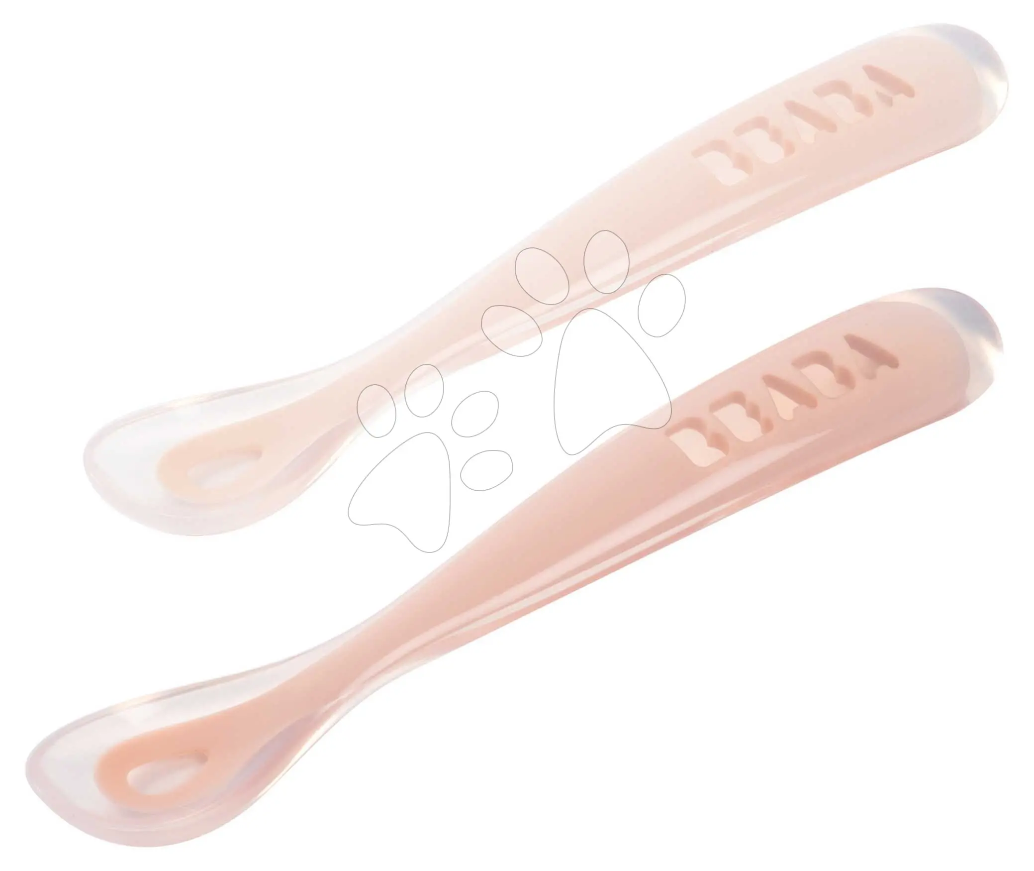 První tréninkové lžičky First Age Silicone Spoons Cotton Candy Sorbet Duo Beaba ze silikonu na samostatné jedení v praktickém obalu 2 kusy růžové od 4 měsíců