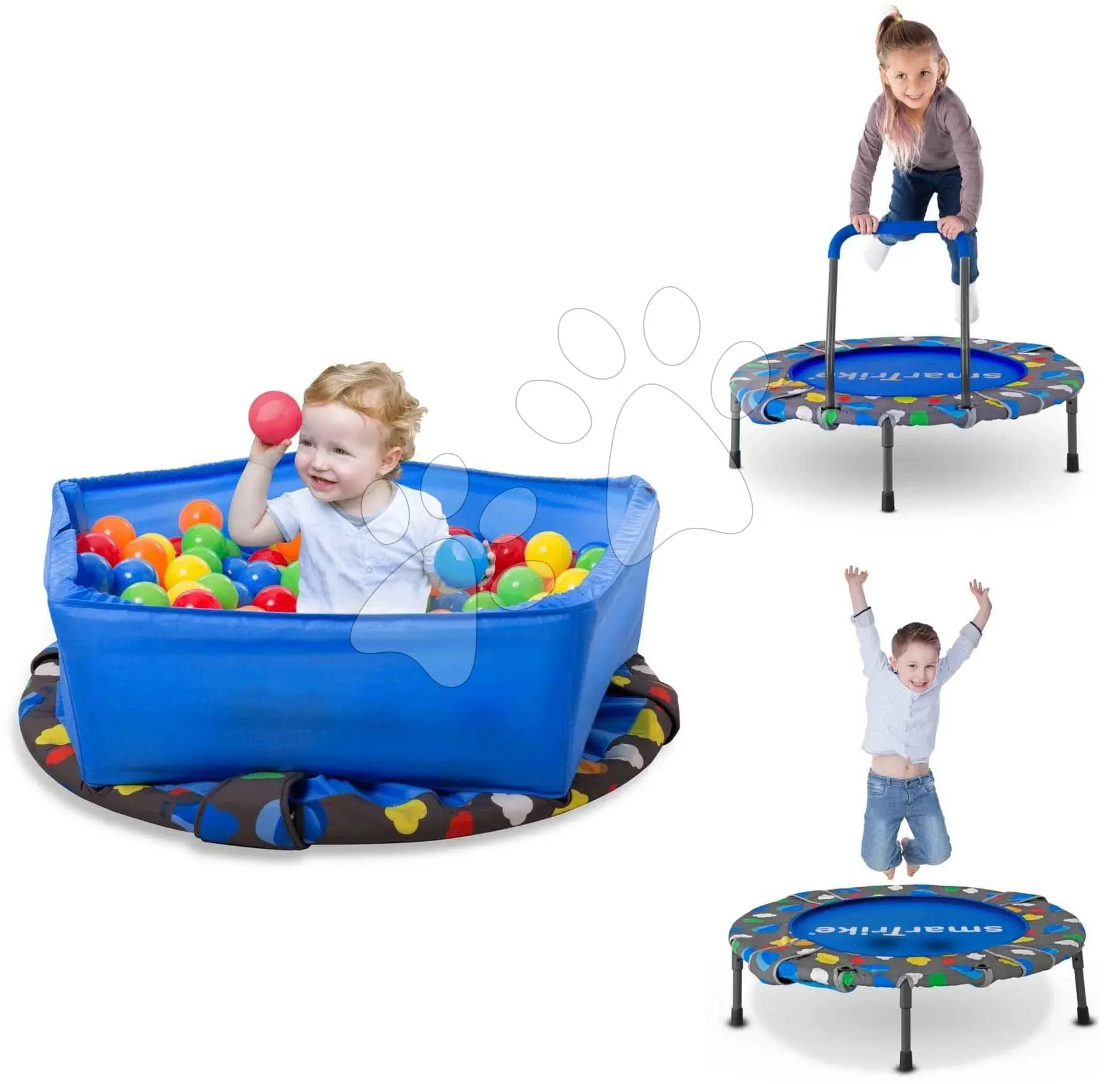 Trampolína Activity Center 3-in-1 smarTrike skládací kulatá s obvodem 92 cm s rukojetí bazénem a 100 ks míčků od 10 měsíců