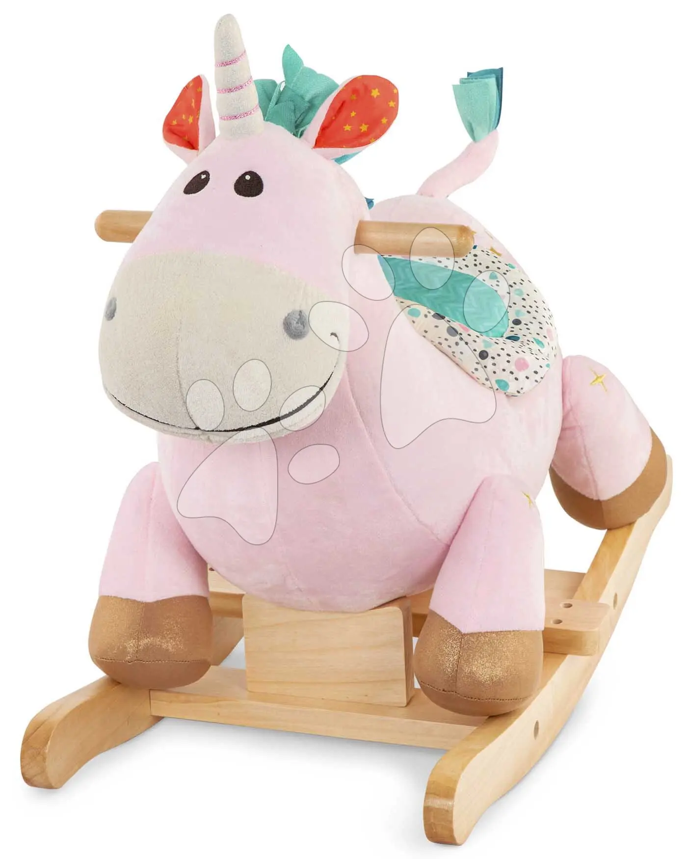 Houpací jednorožec Rodeo Rocker Cleo B-Toys plyšový se dřevěnou základnou, růžový, od 18 měsíců