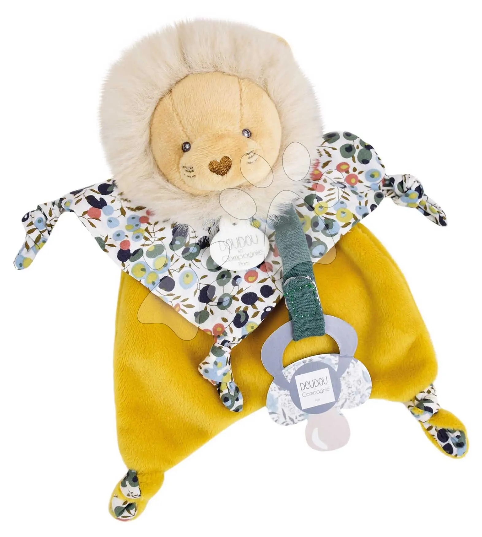 Plyšový lvíček s klipem na dudlík Lion Dummy Holder Boh'aime Doudou et Compagnie v dárkovém balení žlutý 20 cm od 0 měsíců