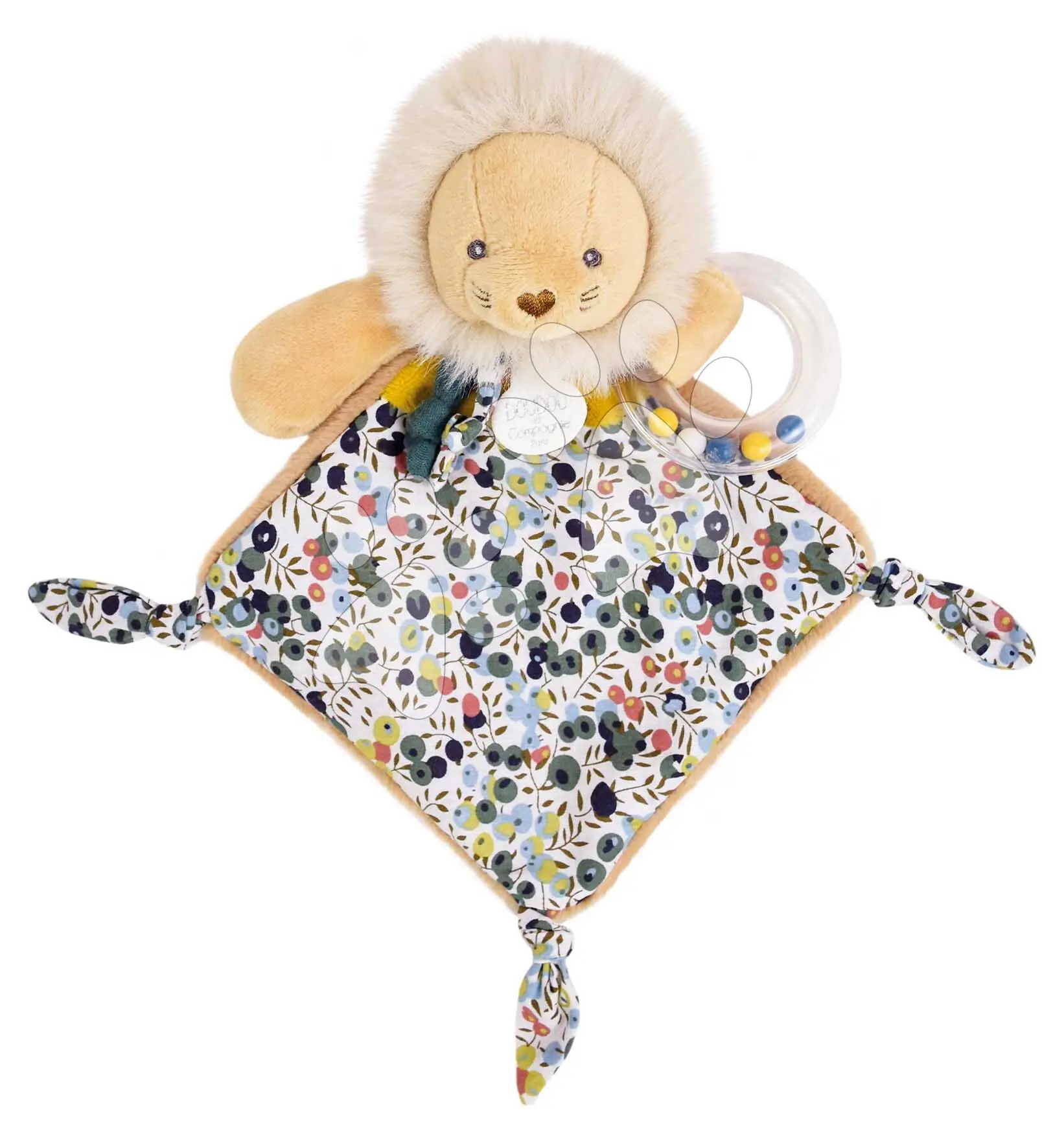 Plyšový lvíček na mazlení s chrastítkem Lion Rattle Boh'aime Doudou et Compagnie v dárkovém balení žlutý 22 cm od 0 měsíců