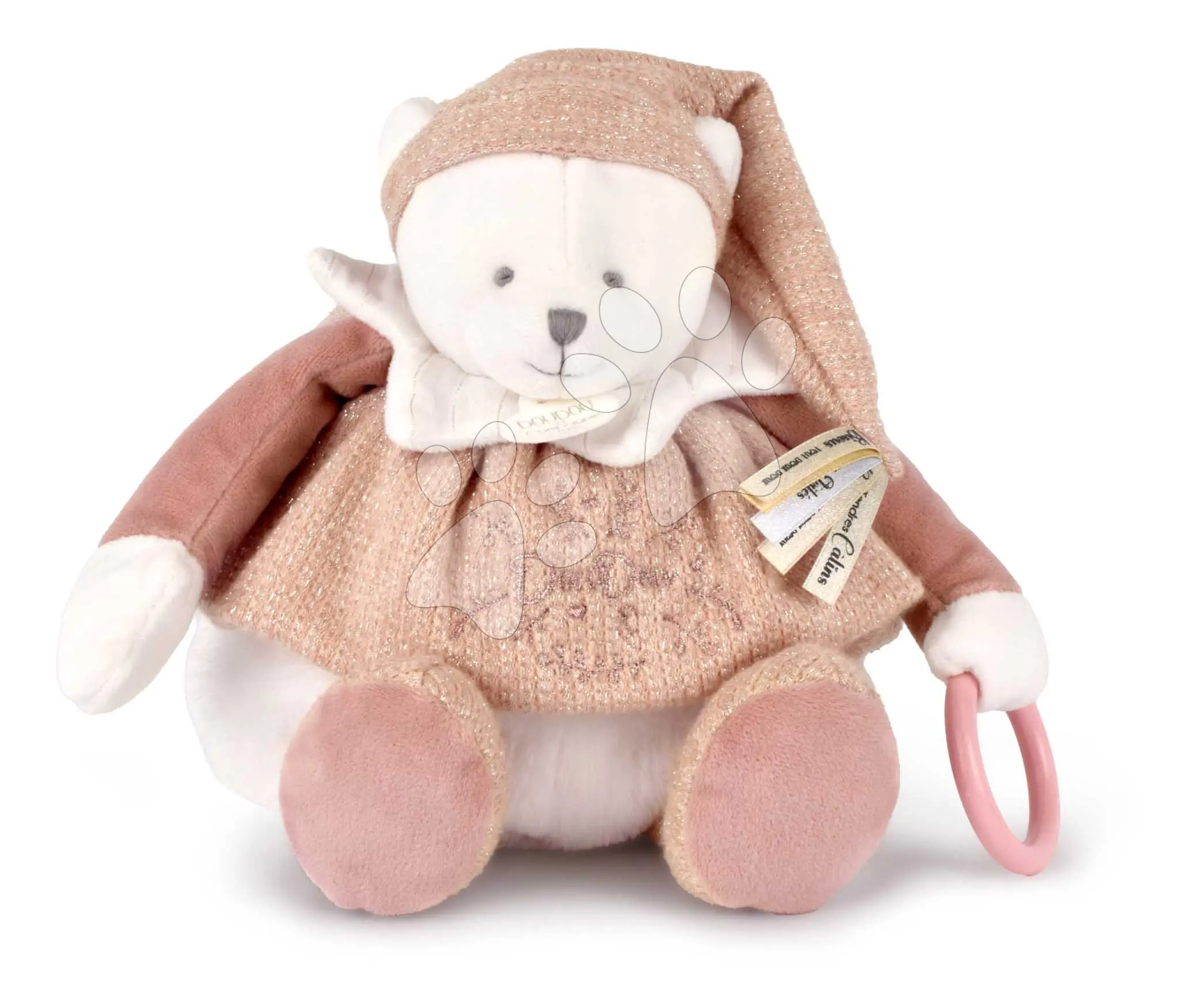Doudou Dárková sada Plyšový lední medvídek s kroužkem 30 cm růžový