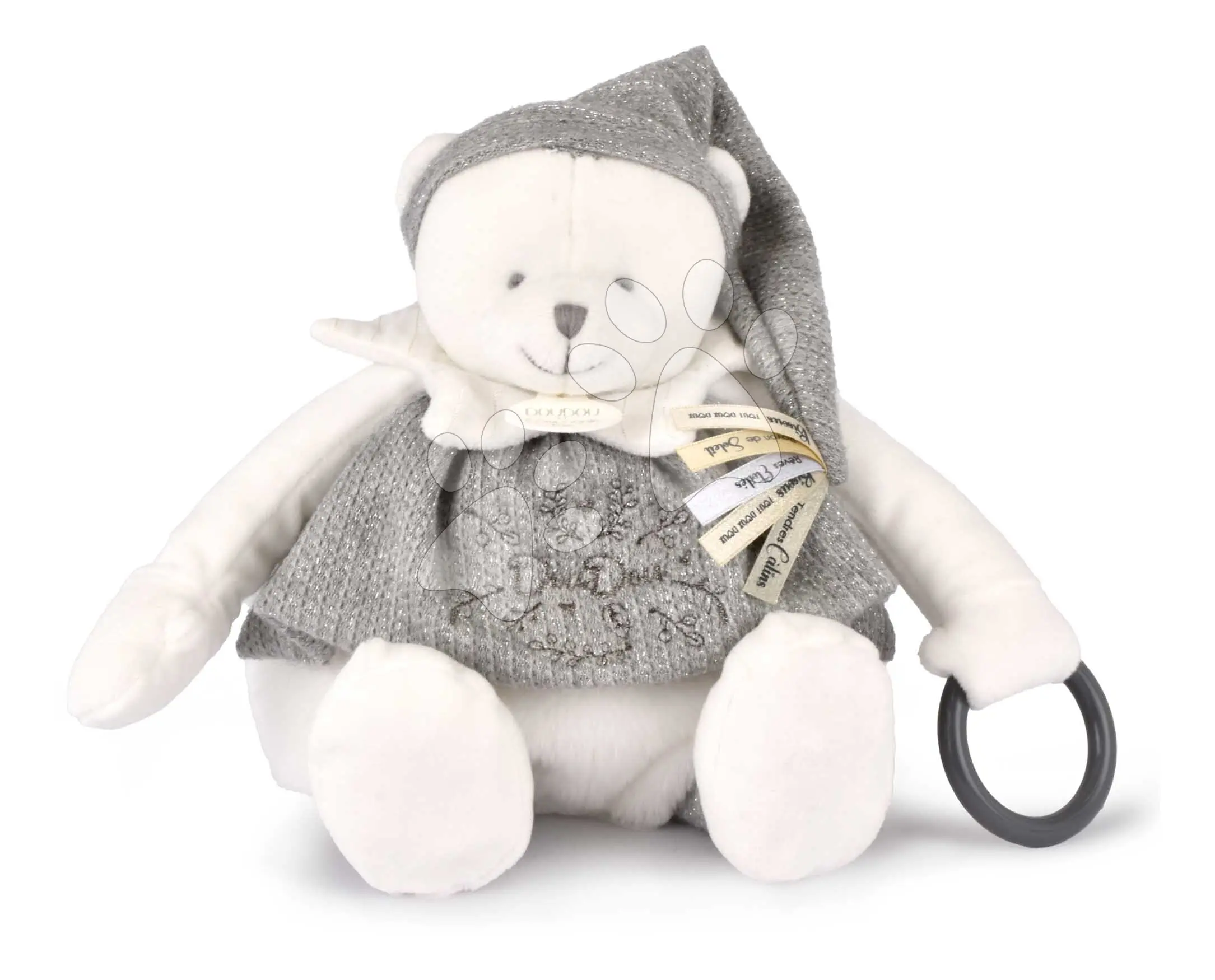 Doudou Dárková sada Plyšový lední medvídek s kroužkem 30 cm šedý